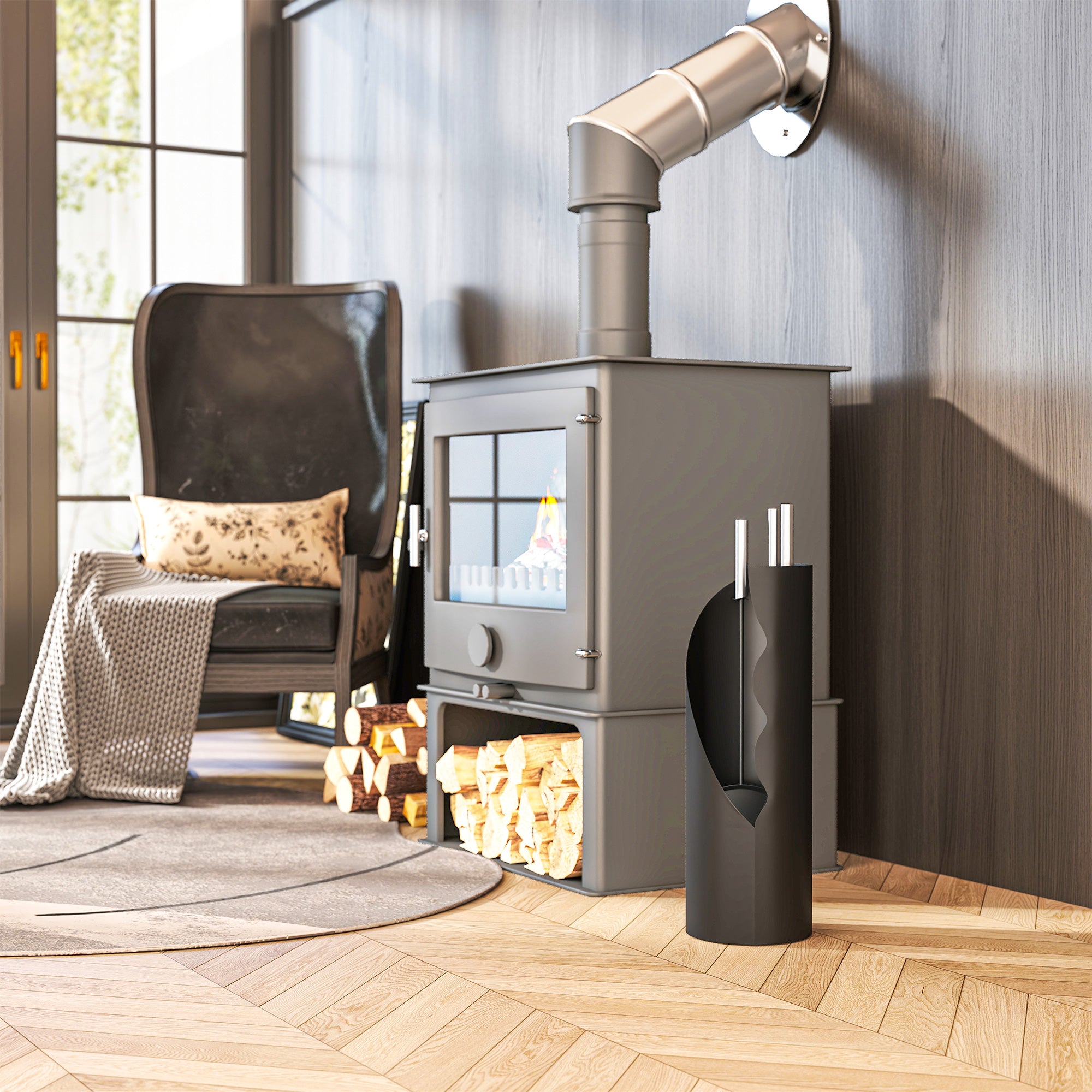 Kozy - 4 Pieces Fireplace Tools Set, Metal Fireplace Accessories Fireside Companion Set with Broom, Shovel, Poker and Bucket, Black