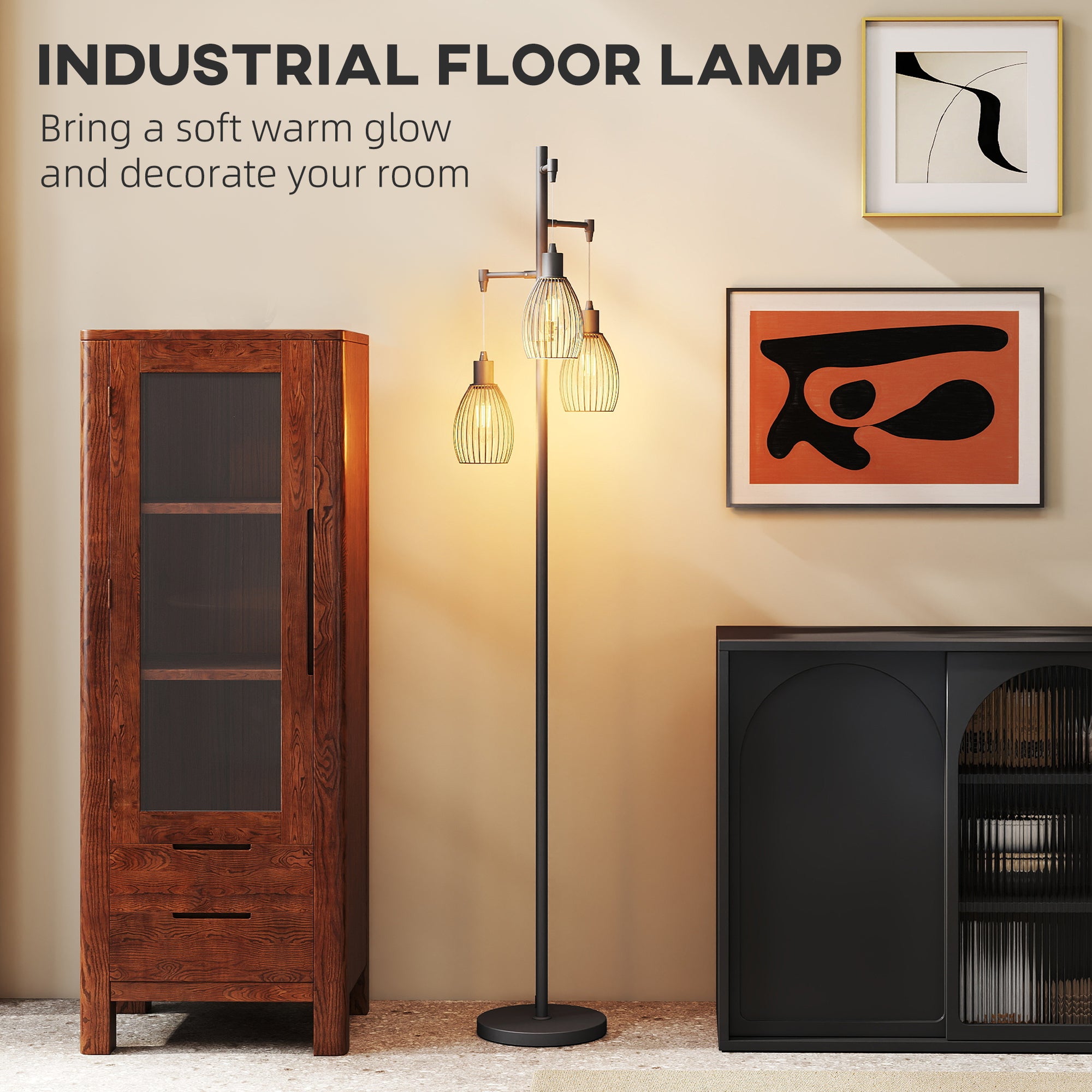 Kozy - 3-Light LED Floor Lamp, 170cm Industrial Dimmable Standing Lamp with Steel Wire Cage Lampshades, 2700K for Living Room, Bedroom, Dining Room, Study, Black