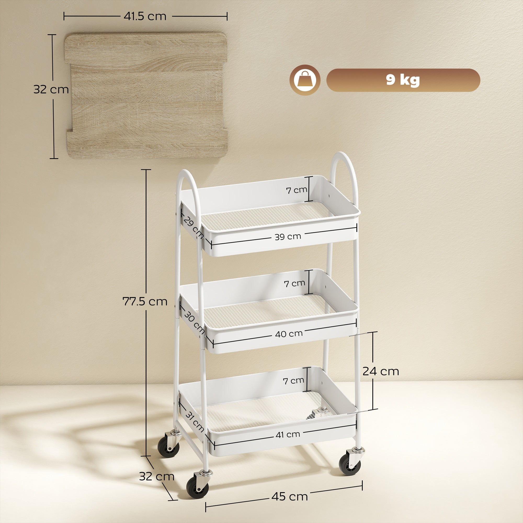 Kozy - 3-Tier Kitchen Storage Trolley with on Wheels Cover Top Board - White and Oak