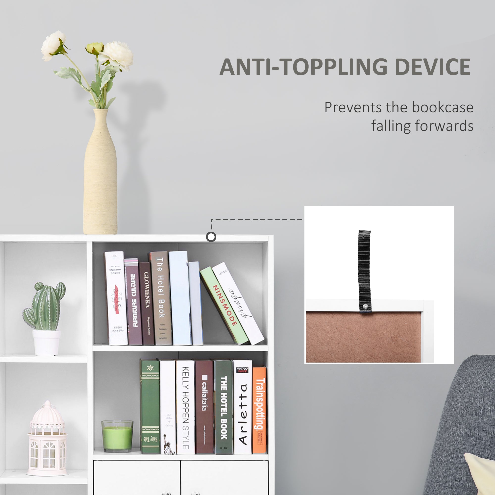 Kozy Sideboard Storage Cabinet Cupboard, Open Bookcase with 2 Doors 5 Compartments Wooden Modern Style for Living Room Bedroom Kitchen 80 x 23 x 123 cm, White