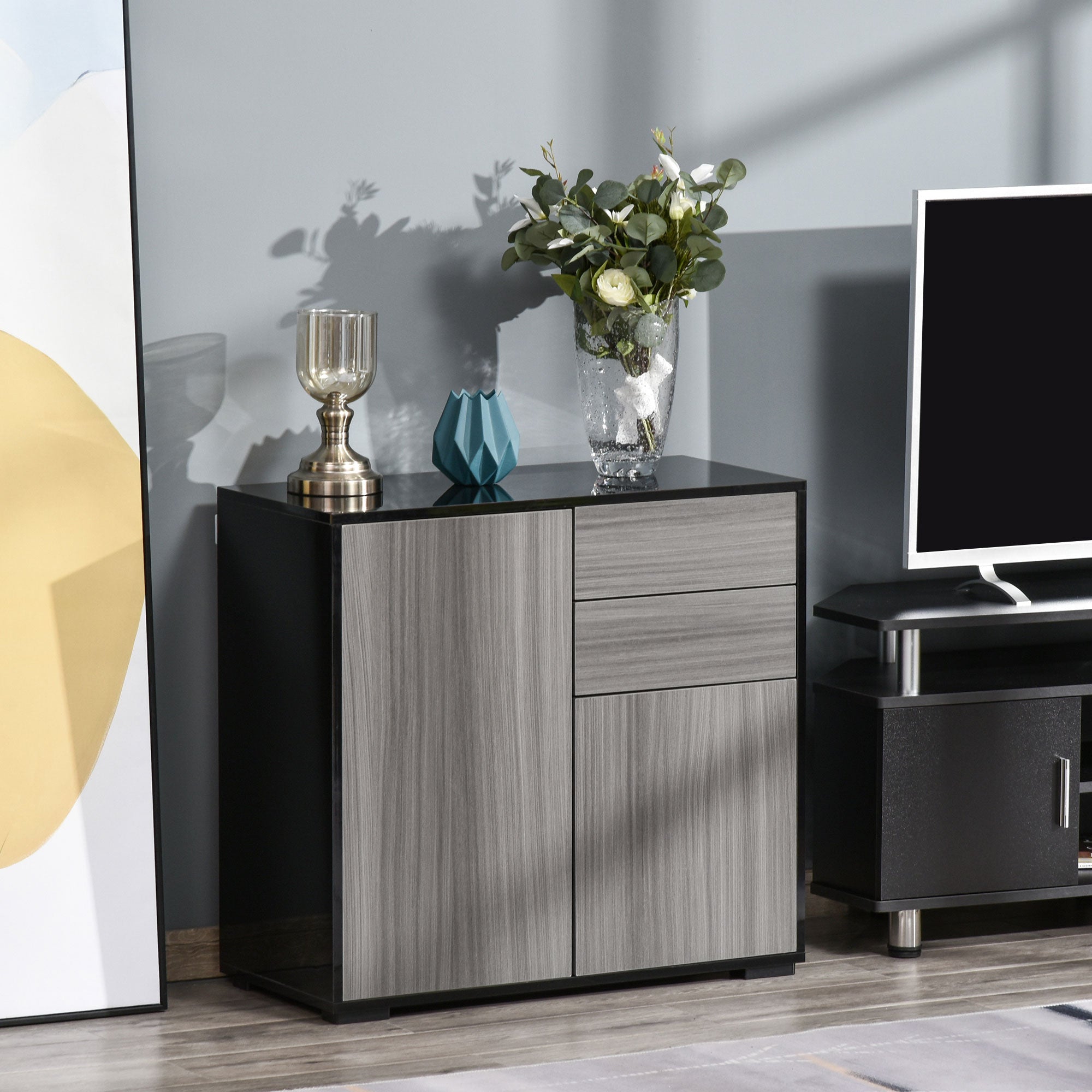 Kozy High Gloss Frame Sideboard, Push-Open Design with 2 Drawer for Living Room, Bedroom, 74H x 79W x 36Dcm, Light Grey and Black