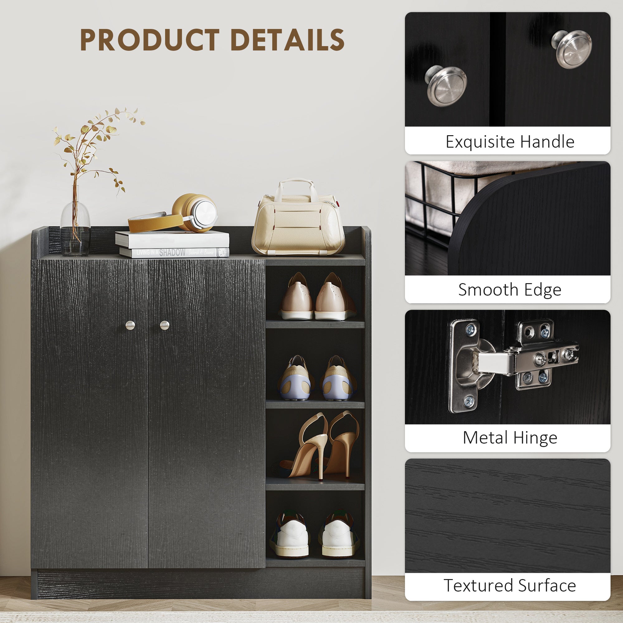 Kozy Shoe Storage Cabinet with Adjustable Shelves - Black