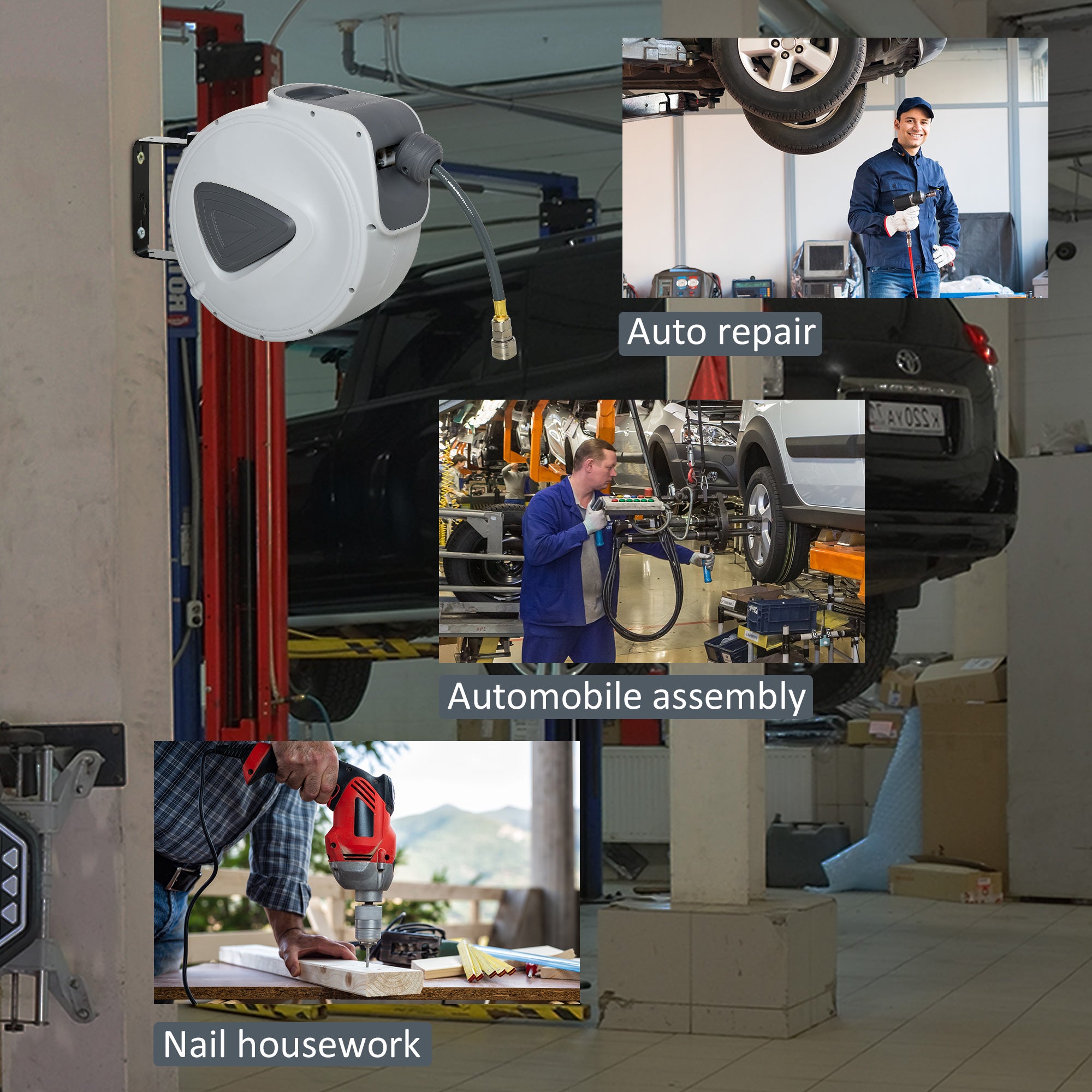 Kozy Retractable Air Hose Reel 10m+ 90cm Hose Diameter 3/ 8" 9.5mm, Hose Connector 1/ 4" BSP, Wall Mount Auto Rewind Hose- Reel