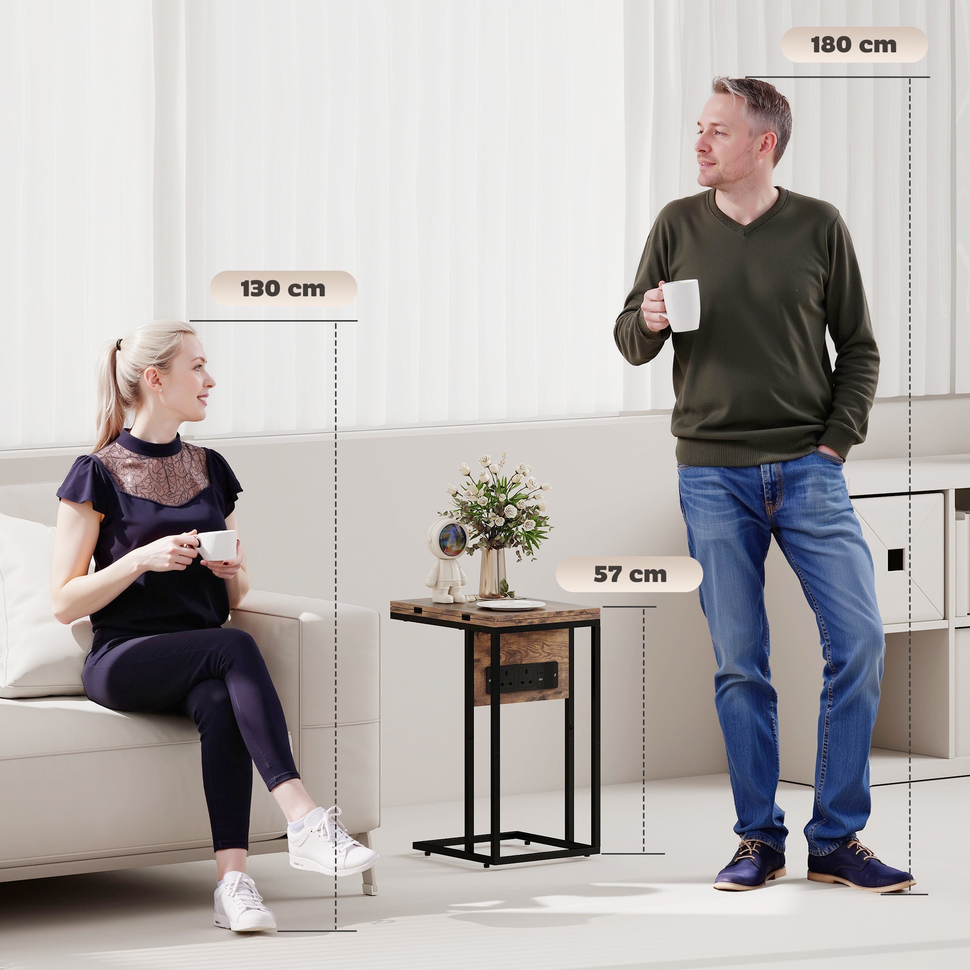 Kozy - C Shaped Side Table with Charging Station and Foldable Top - Rustic Brown