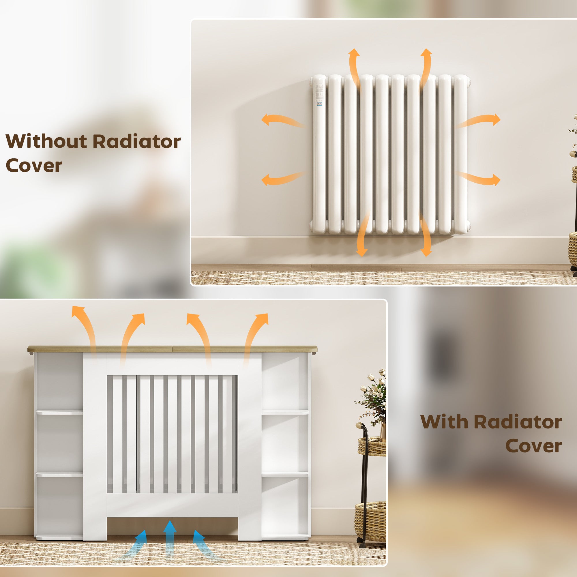 Kozy Radiator Cover with Open Storage Shelves, Vertical Slatted Cabinet Shelf Heater Cover for Living Room, Hallway, Medium, White (H: 83 / W: 124 / D: 19 cm)