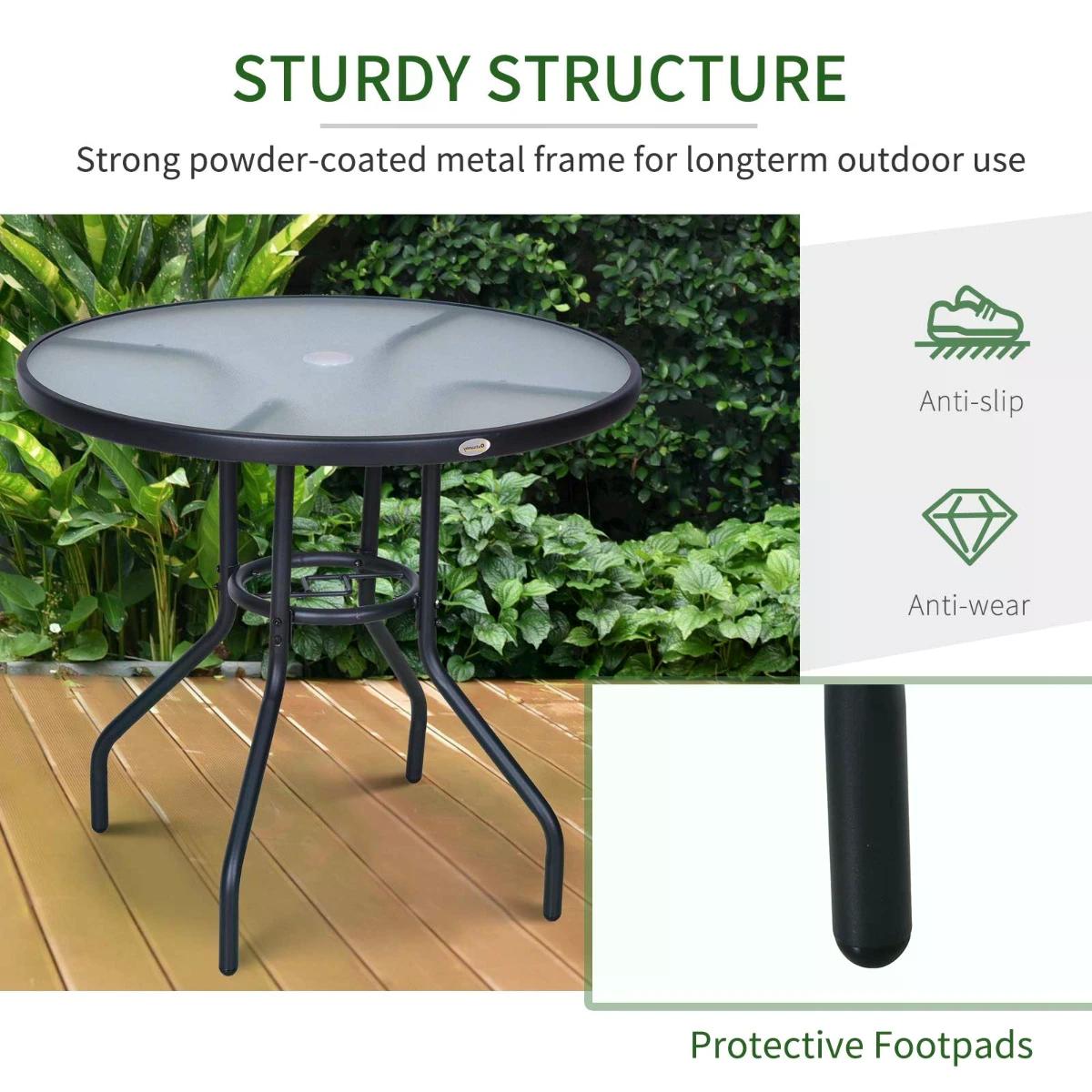 Outsunny Outdoor Round Dining Table Tempered Glass Top Steel Garden Table w/ Parasol Hole 80cm