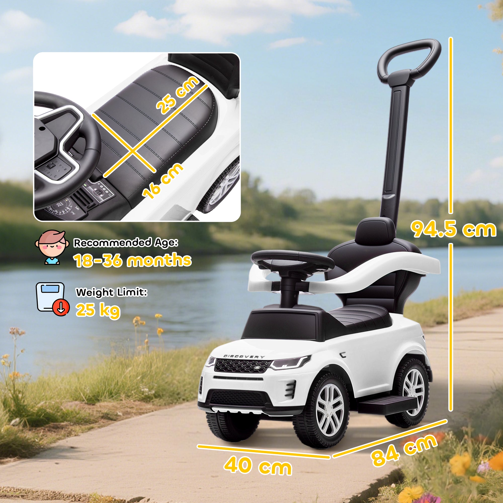 Kozy LAND ROVER DISCOVERY Licensed Baby Push Car, 2-in-1 Ride on Car with Push Handle and Safety Guardrail, White