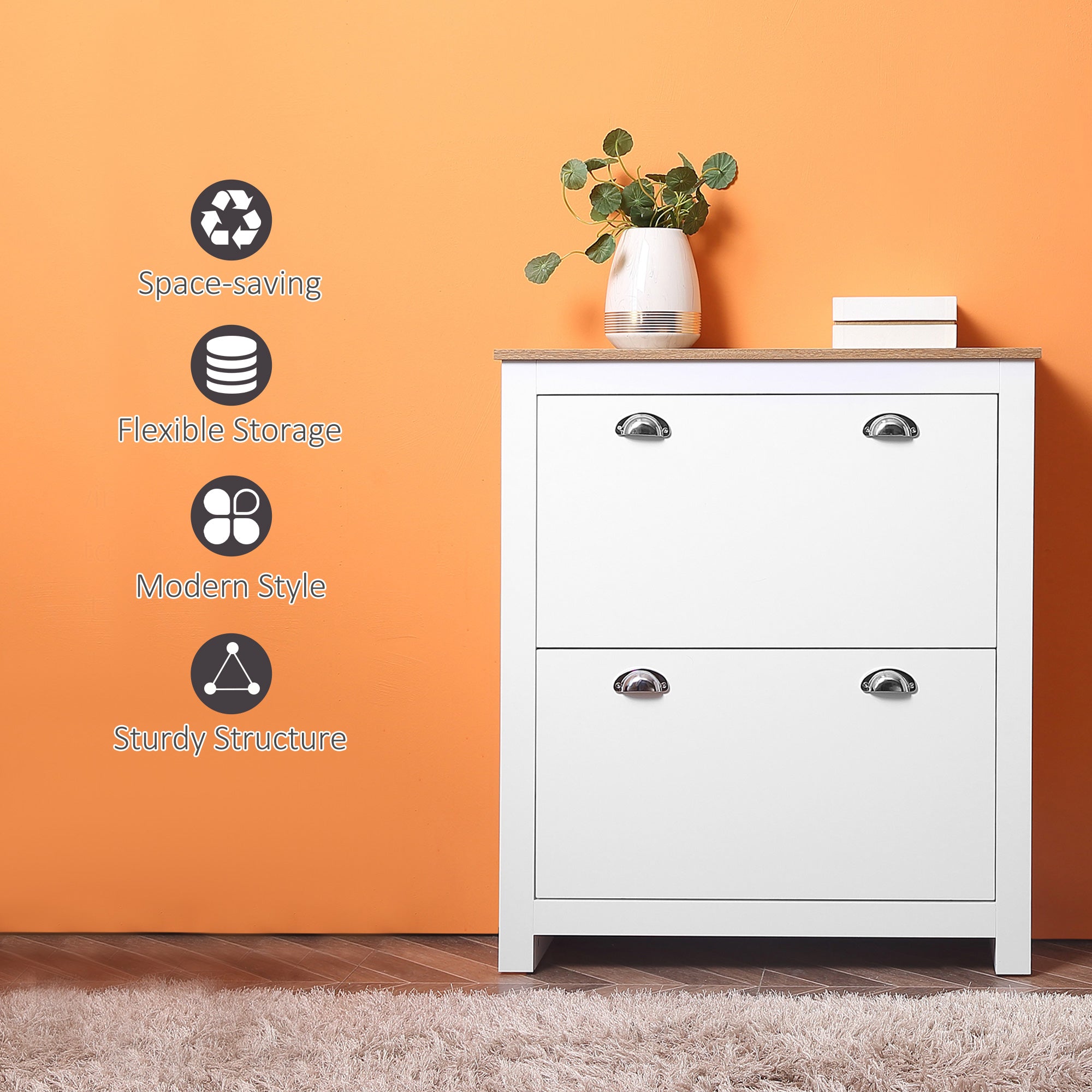 Kozy 2 Drawer Shoe Cabinet Modern Narrow Shoe Cupboard Hallway Wooden Storage Organiser with Flip Doors Adjustable Shelf for 6-12 Pairs, White