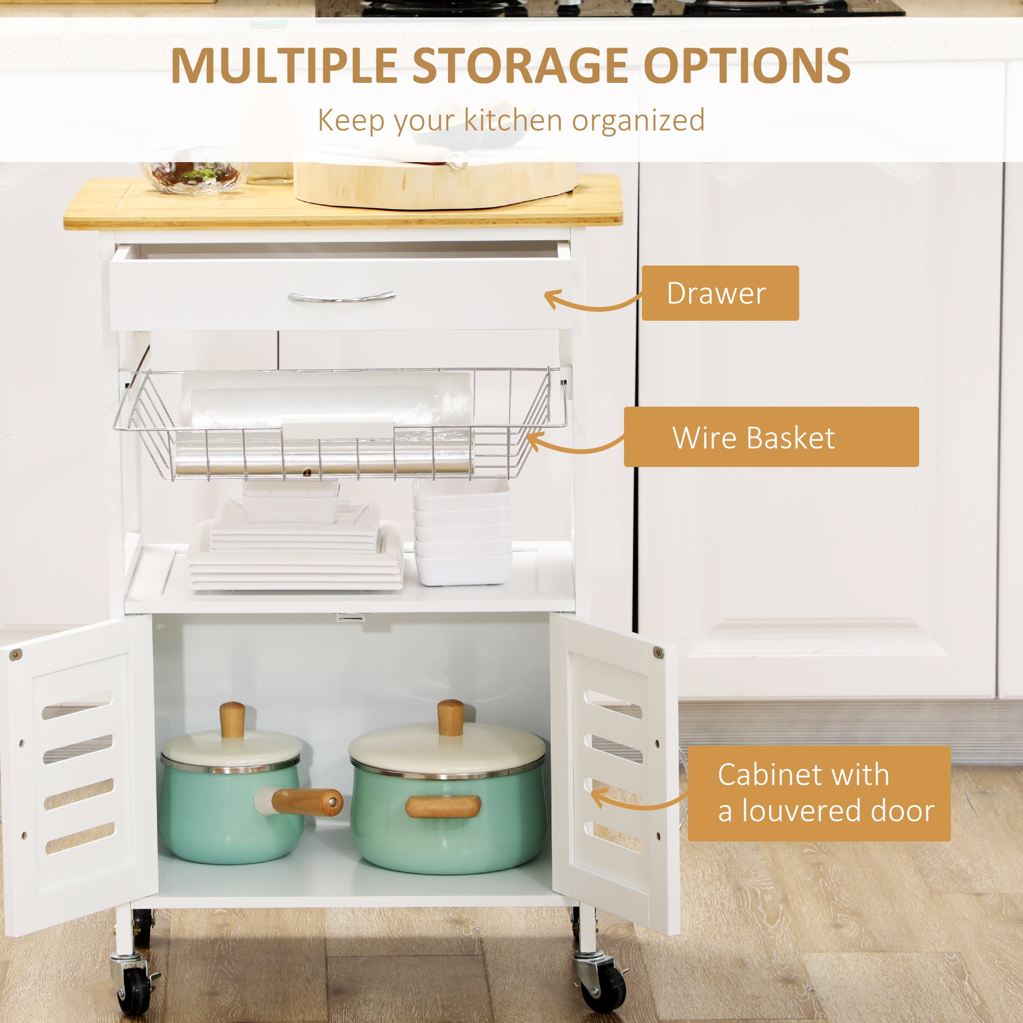 Kozy Rolling Kitchen Island Trolley Utility Cart on Wheels with Bamboo Table Top, Storage Cabinet, Drawer and Wire Basket