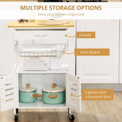 Kozy Rolling Kitchen Island Trolley Utility Cart on Wheels with Bamboo Table Top, Storage Cabinet, Drawer and Wire Basket