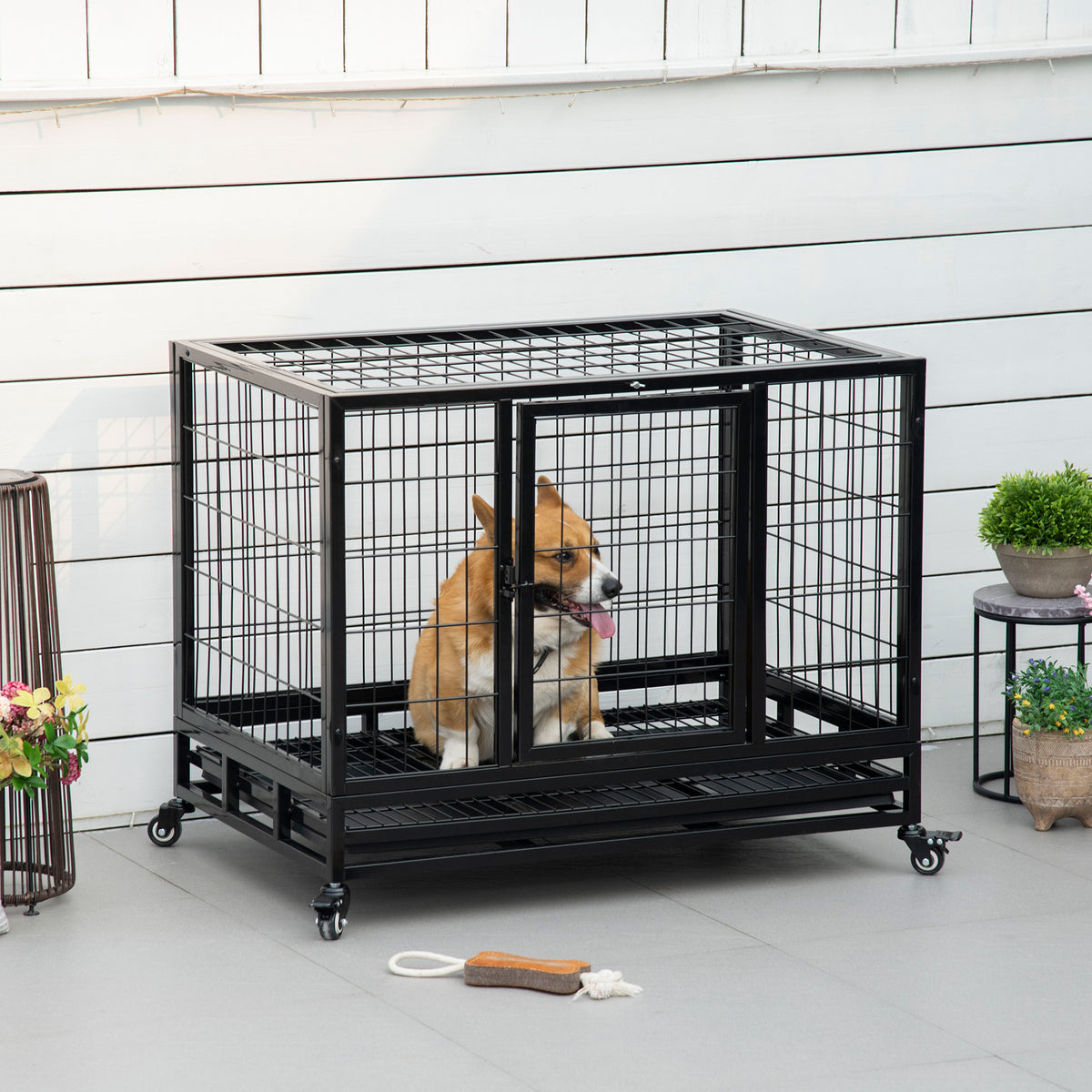 PawHut 38" Heavy Duty Metal Dog Kennel Pet Cage with Crate Tray and Wheels