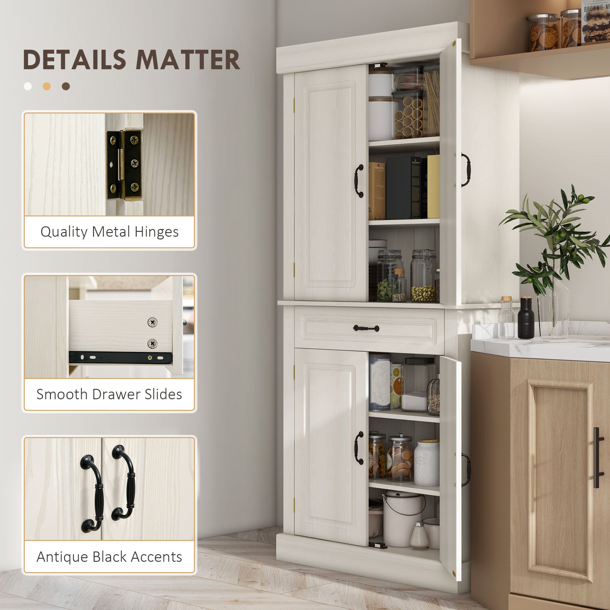 Kozy Kitchen Cupboard with 4 Doors, Freestanding Storage Cabinet with Wide Drawer and Shelves for Living Room, 180cm, White Wood Grain