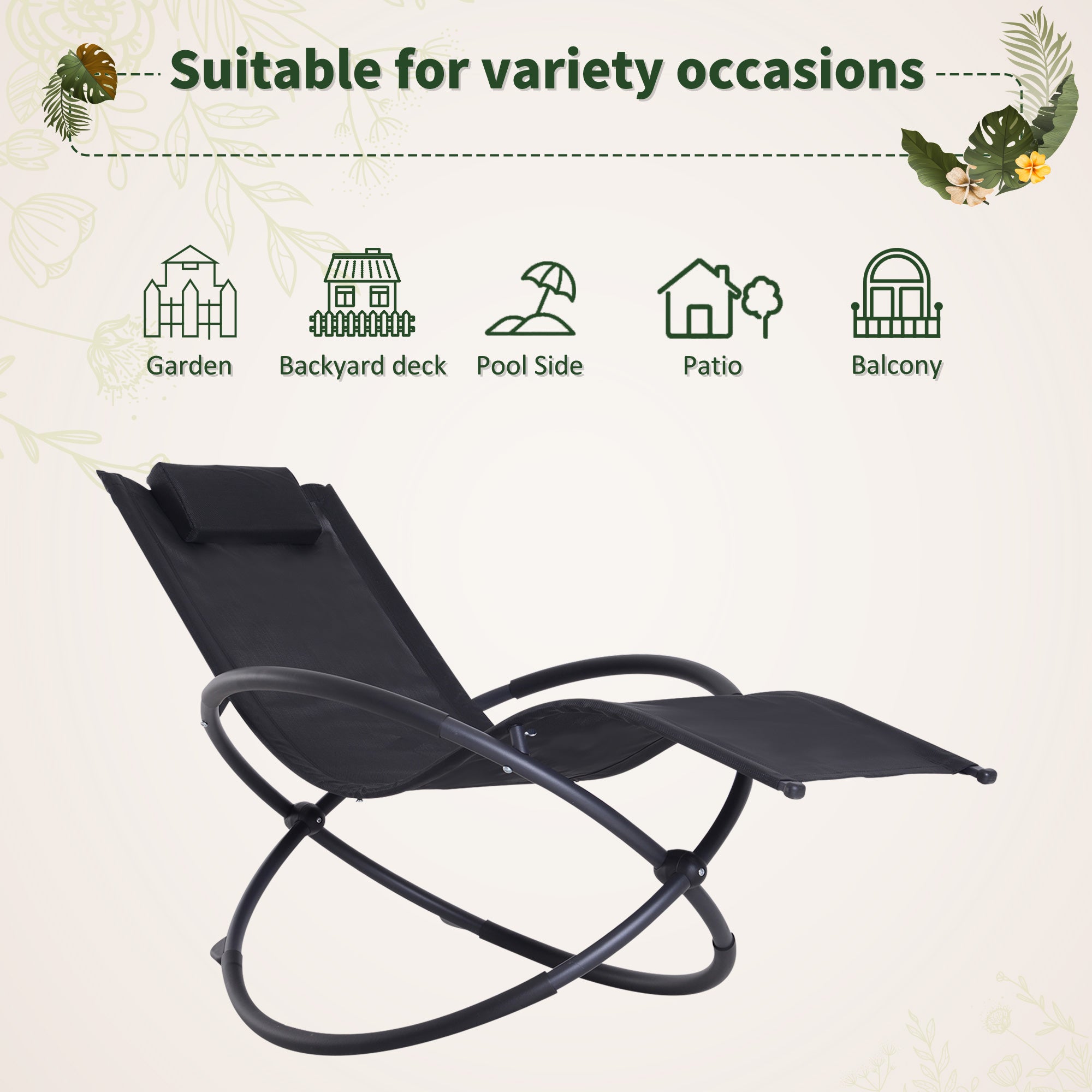 Outsunny Orbital Lounger, Zero Gravity Patio Chaise, Foldable Rocking Chair with Pillow, Black.