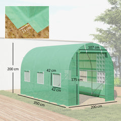 Kozy 3.5 x 2m Walk-In Polytunnel Greenhouse, with Steel Frame, PE Cover, Roll-Up Door and 6 Windows, Green