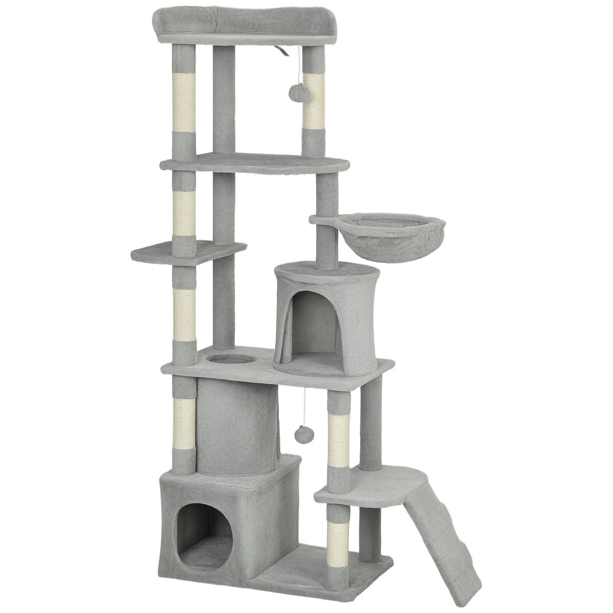 Kozy 170 cm Large Cat Tree, Cat Tower with 7 Scratching Posts, Tunnel, 2 Condos, Hammock, Perch, Ramp, Pompoms, Light Grey