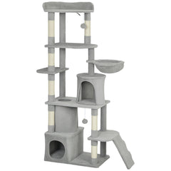 Kozy 170 cm Large Cat Tree, Cat Tower with 7 Scratching Posts, Tunnel, 2 Condos, Hammock, Perch, Ramp, Pompoms, Light Grey