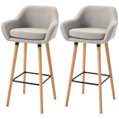 HOMCOM Set of 2  Bar Stools Modern Upholstered Seat Bar Chairs w/ Metal Frame, Solid Wood Legs Living Room Dining Room Fabric Furniture