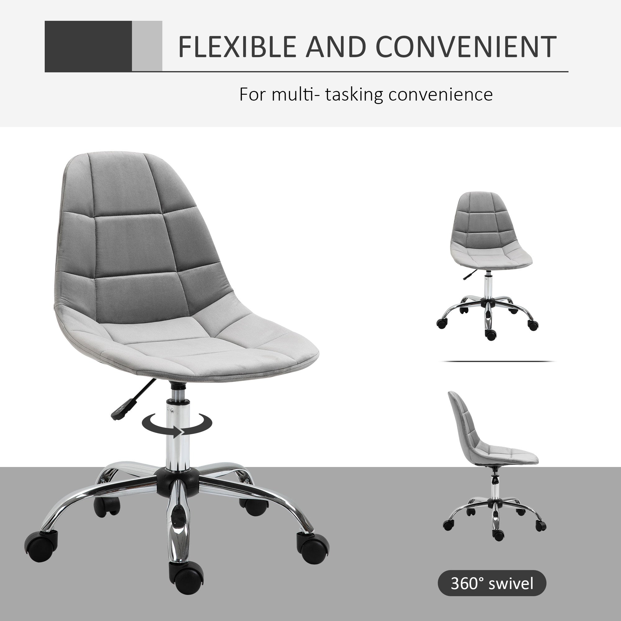 Kozy Ergonomic Office Chair with Adjustable Height and Wheels Velvet Executive Chair Armless for Home Study Bedroom Grey