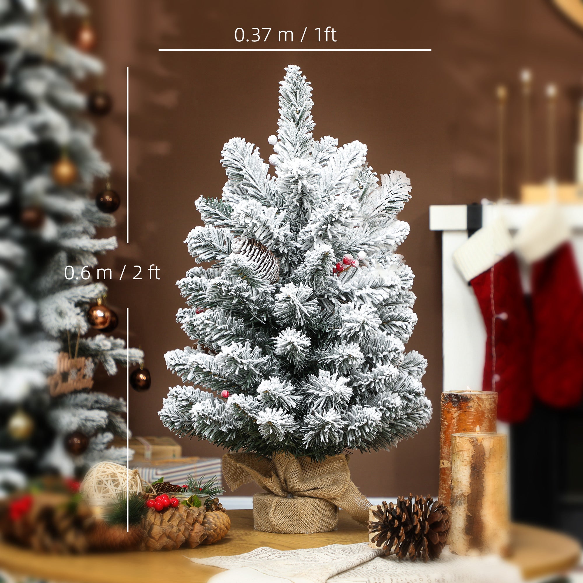 Kozy - 60 cm Prelit Small Christmas Tree with 35 LED Lights, Snow Flocked Tabletop Mini Xmas Tree with 72 Dense Branches, Pine Cones, Berry Clusters and Linen Cover Base, Battery Operated, Green