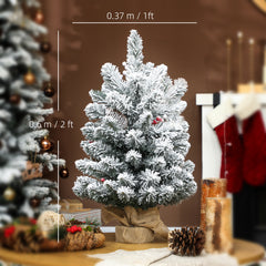 Kozy - 60 cm Prelit Small Christmas Tree with 35 LED Lights, Snow Flocked Tabletop Mini Xmas Tree with 72 Dense Branches, Pine Cones, Berry Clusters and Linen Cover Base, Battery Operated, Green