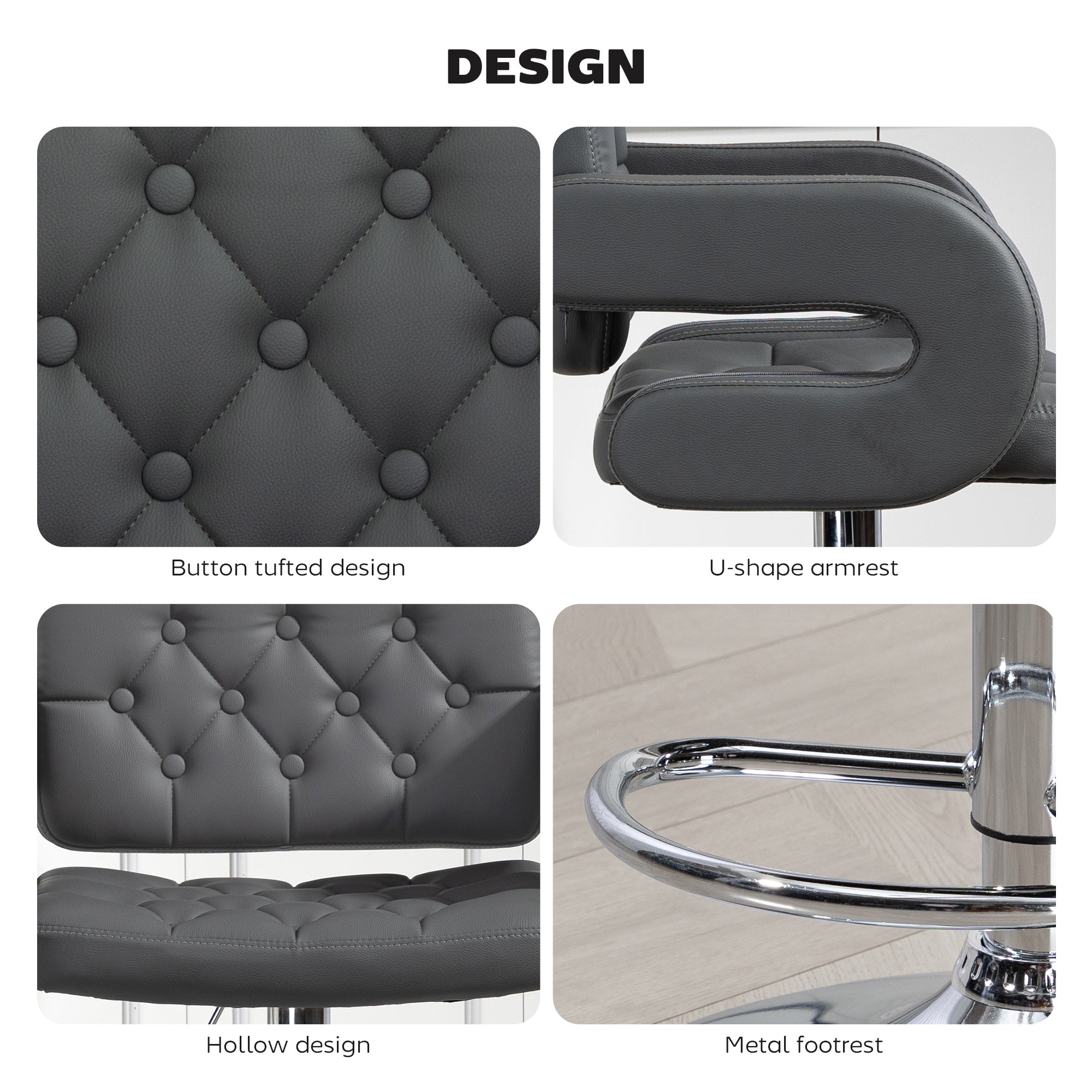 Kozy PU Leather Upholstered Swivel Bar Stool, Height Adjustable with Back, Armrest, Footrest, Grey