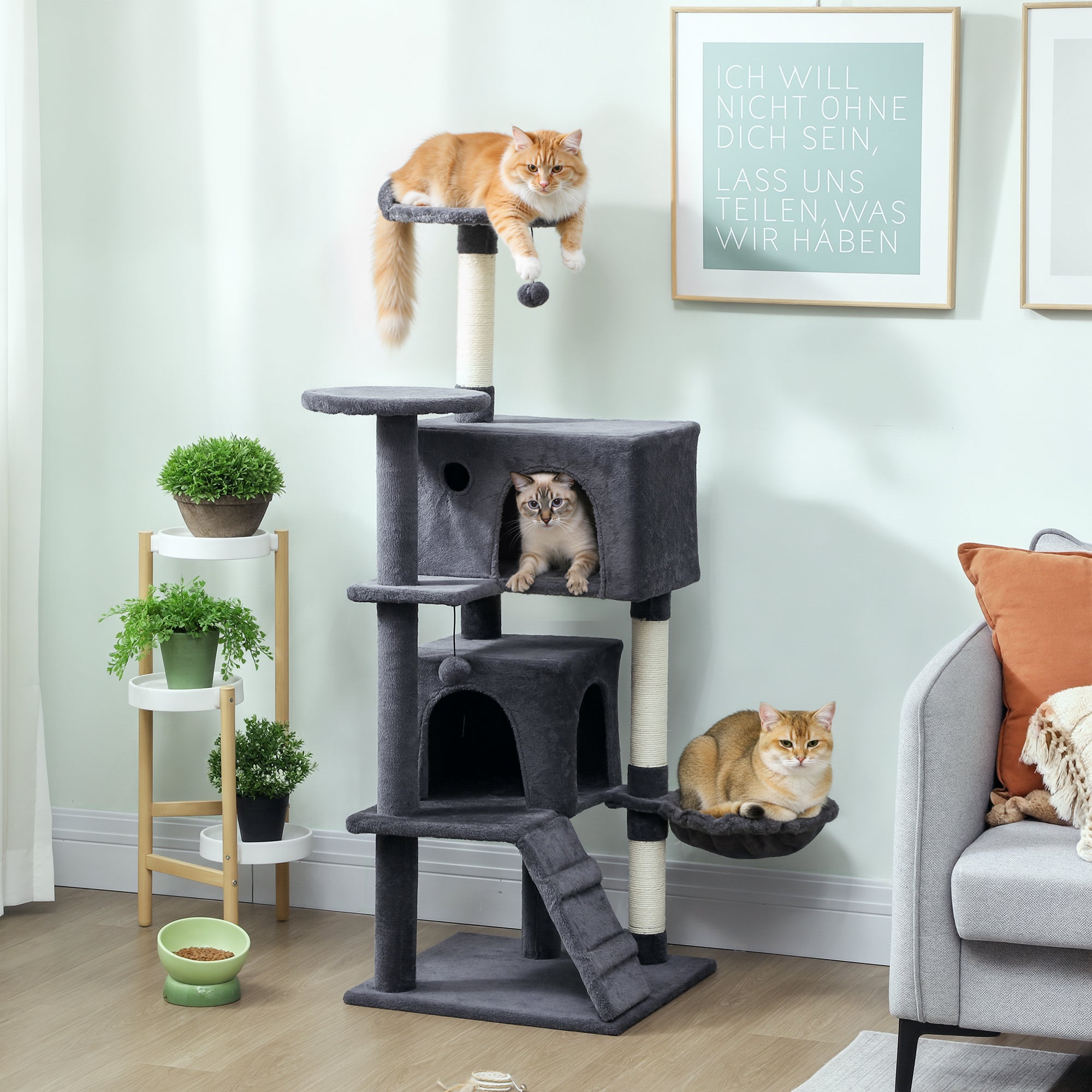 Kozy 140cm Large Cat Tree Tower with Sisal Scratching Posts, Cat Houses, Plush Perches, Hammock, Ladder, Dark Grey