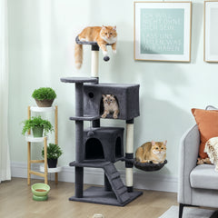 Kozy 140cm Large Cat Tree Tower with Sisal Scratching Posts, Cat Houses, Plush Perches, Hammock, Ladder, Dark Grey