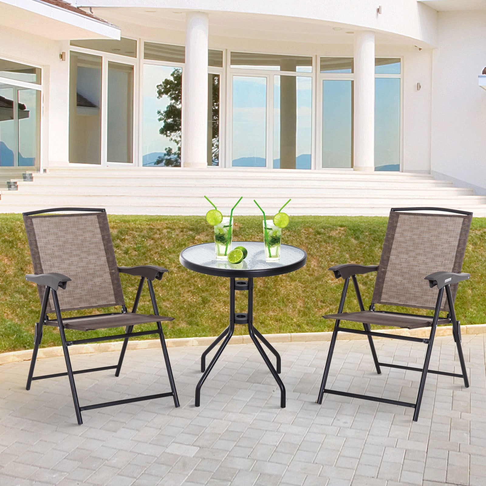 Outsunny 3 Piece Patio Furniture Garden Bistro Set Outdoor 2 Folding Chairs 1 Tempered Glass Table  Adjustable Backrest Metal