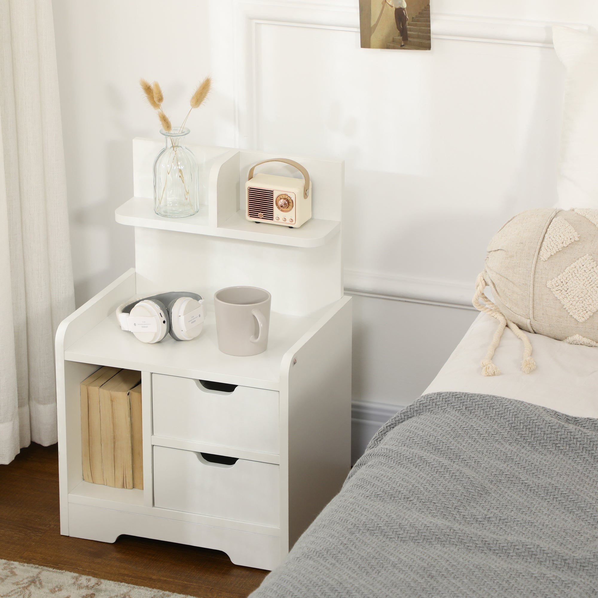 Kozy Bedside Table, Small Bedside Cabinet with 2 Drawers and Storage Shelves, Modern Nightstand for Bedroom, White