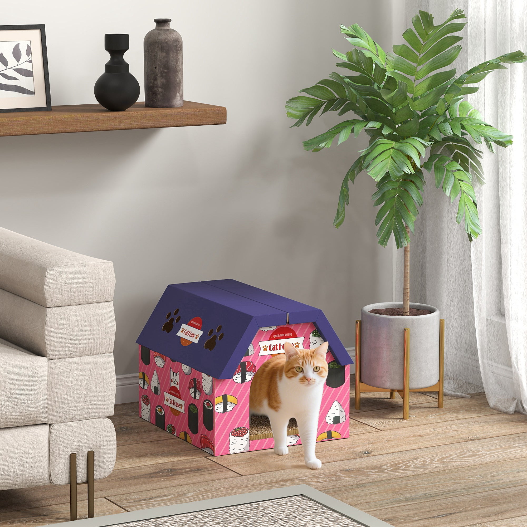 Kozy - Cat Scratching Board, 2-in-1 Cardboard Cat House and Hideaway for Indoor Cats, Pink