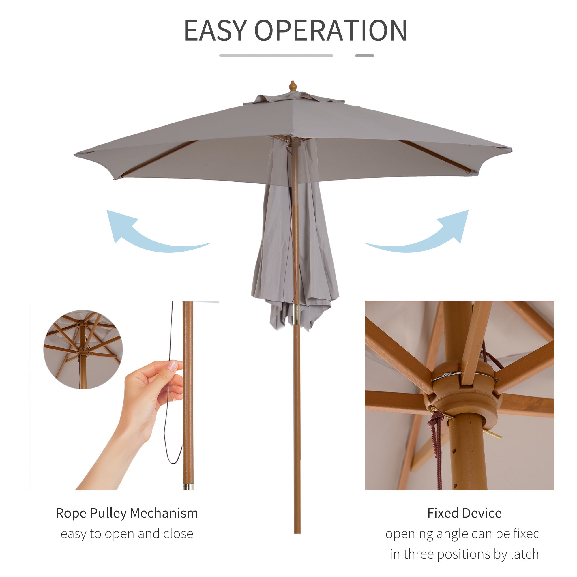 Kozy 2.5m Wood Garden Parasol Sun Shade Patio Outdoor Wooden Umbrella Canopy, Table Market Umbrella with Vent, 38mm Pole, Rope Pulley Mechanism, Grey