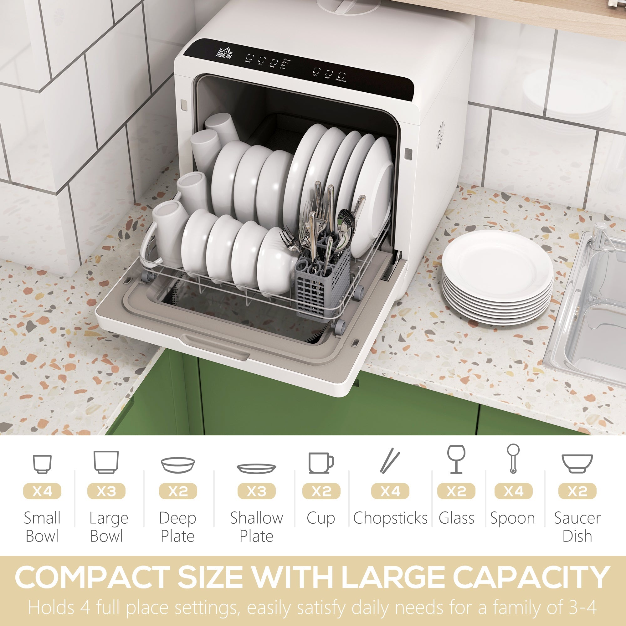 HOMCOM Table Top Dishwasher, Mini Countertop Dishwasher with 4 Place Settings, 6 Programmes, 6L Water Tank, Touch Control, LED Display | Aosom UK