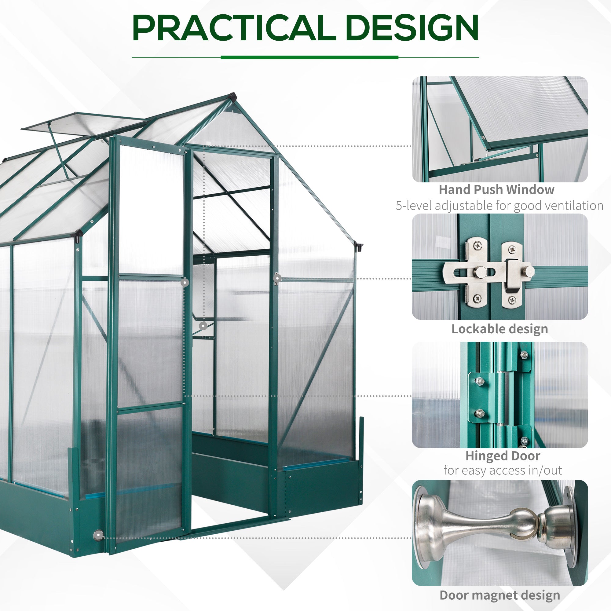 Kozy 6x8 FT Polycarbonate Greenhouse with Base and Raised Bed, Walk-in Greenhouse with Aluminium Frame, Temperature Controlled Window, Foundation for Plants, Flowers, Vegetable