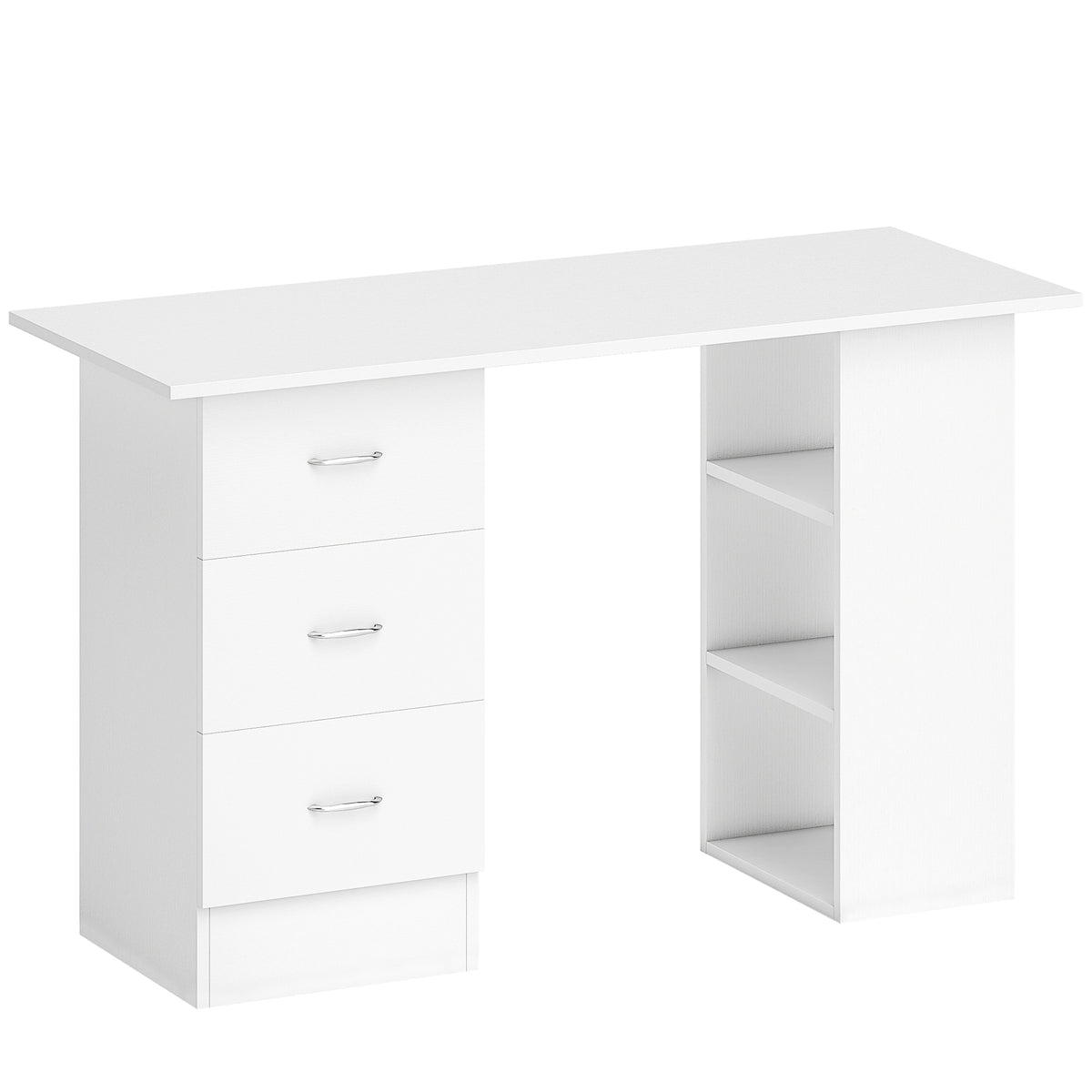Kozy - Computer Desk, Writing Table, PC Workstation with 3 Storage Shelves and Drawers, Silver Handle, for Home Office, White
