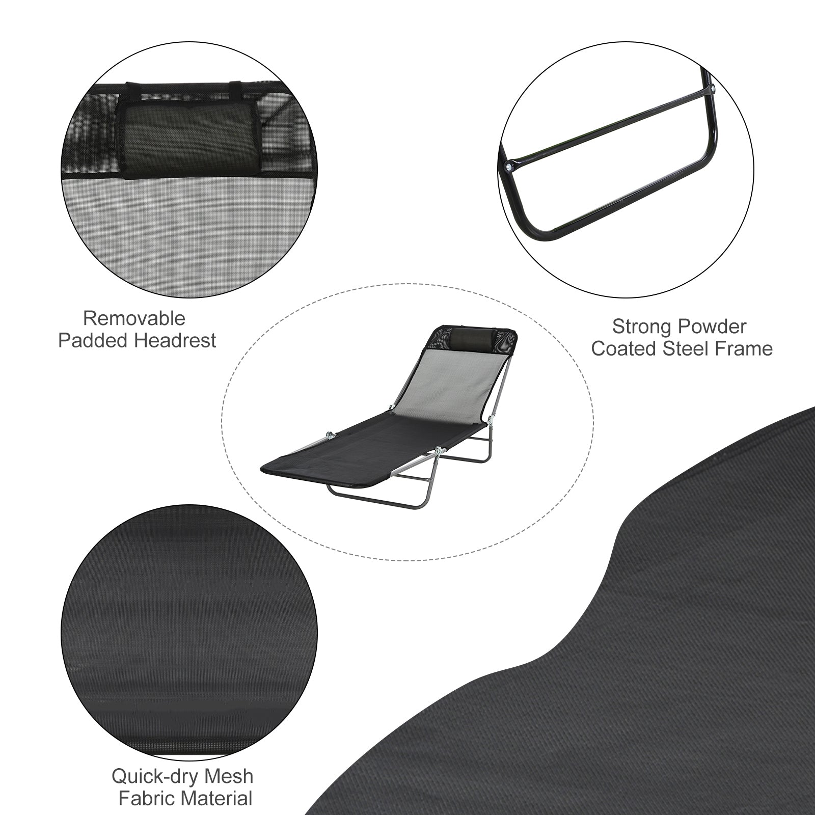 Kozy Outdoor Foldable Sun Lounger, Adjustable Backrest Garden Recliner Sun Lounger Chair with Headrest Pillow, Black