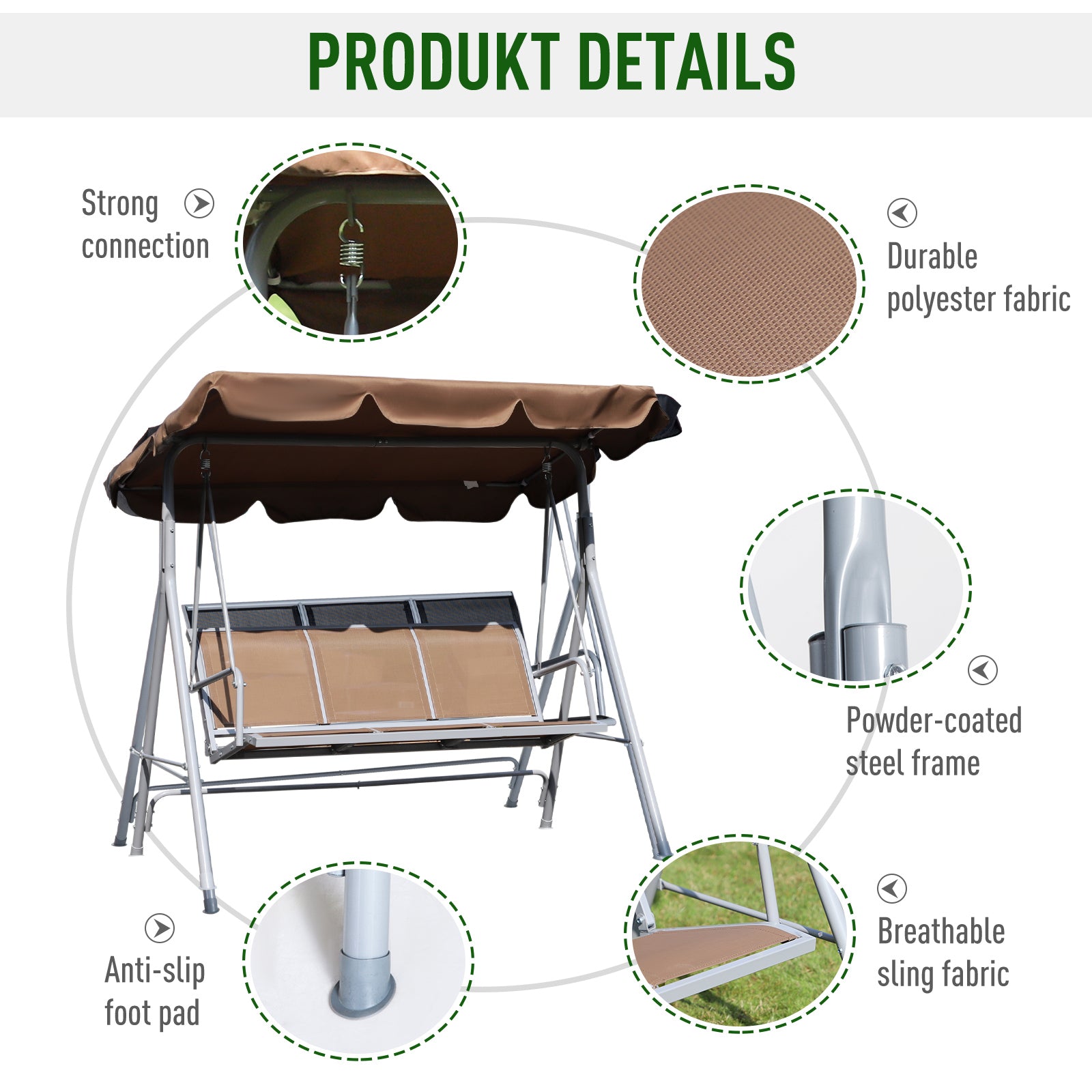 Outsunny Metal Swing Chair Garden Hammock Bench 3 Seater Rock Shelter Brown