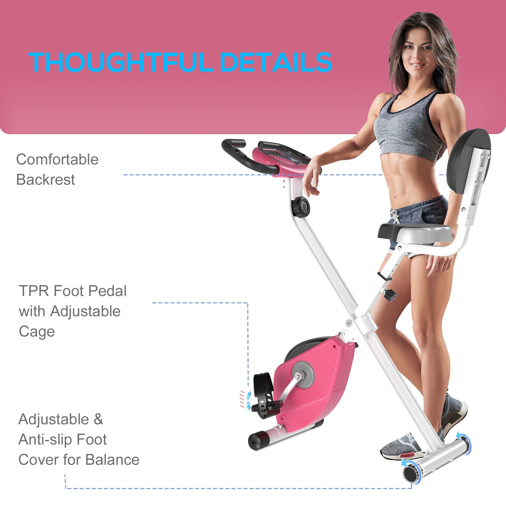 Kozy Folding Exercise Bike, Fitness Bicycle Indoor Trainer, 8-Level Magnetic Resistance Adjustable, with LCD Monitor, Pulse Sensor, Pink