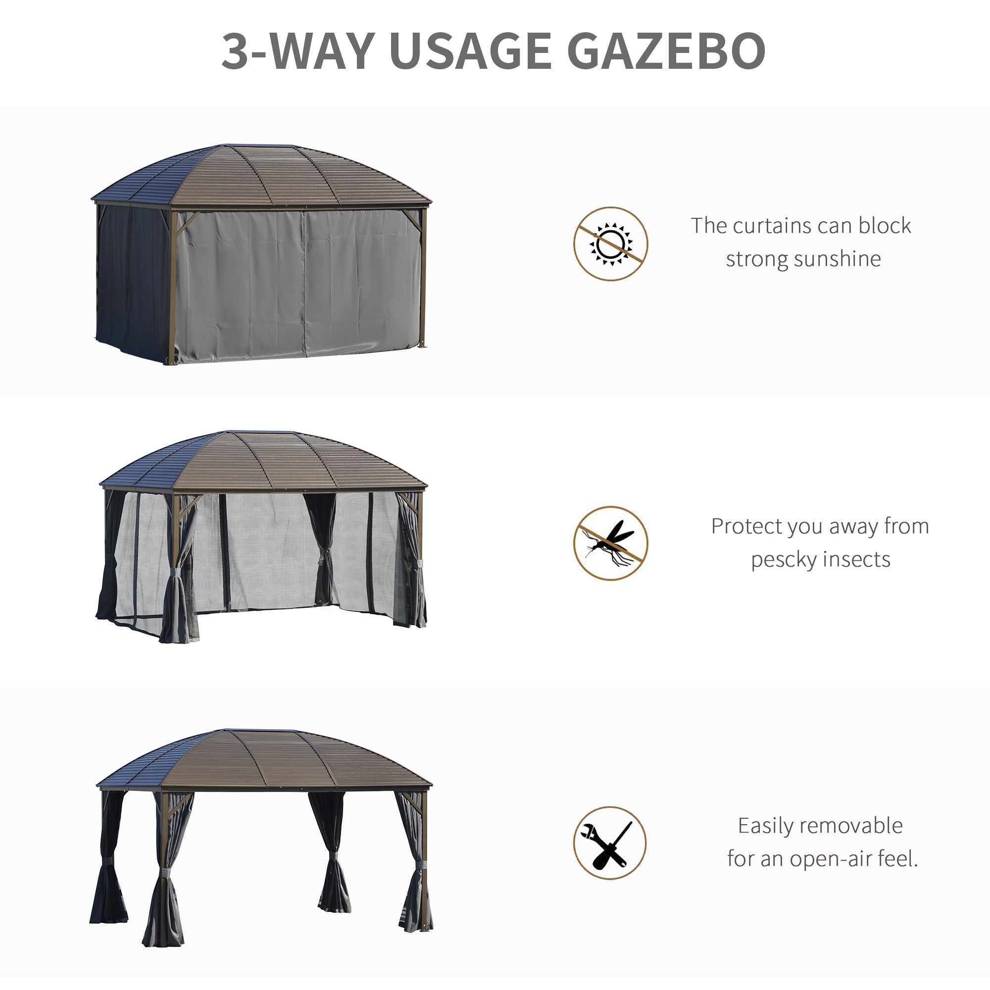 Outsunny 4 x 3(m) Patio Aluminium Gazebo Hardtop Metal Roof Canopy Party Tent Garden Outdoor Shelter with Mesh Curtains & Side Walls, Dark Grey