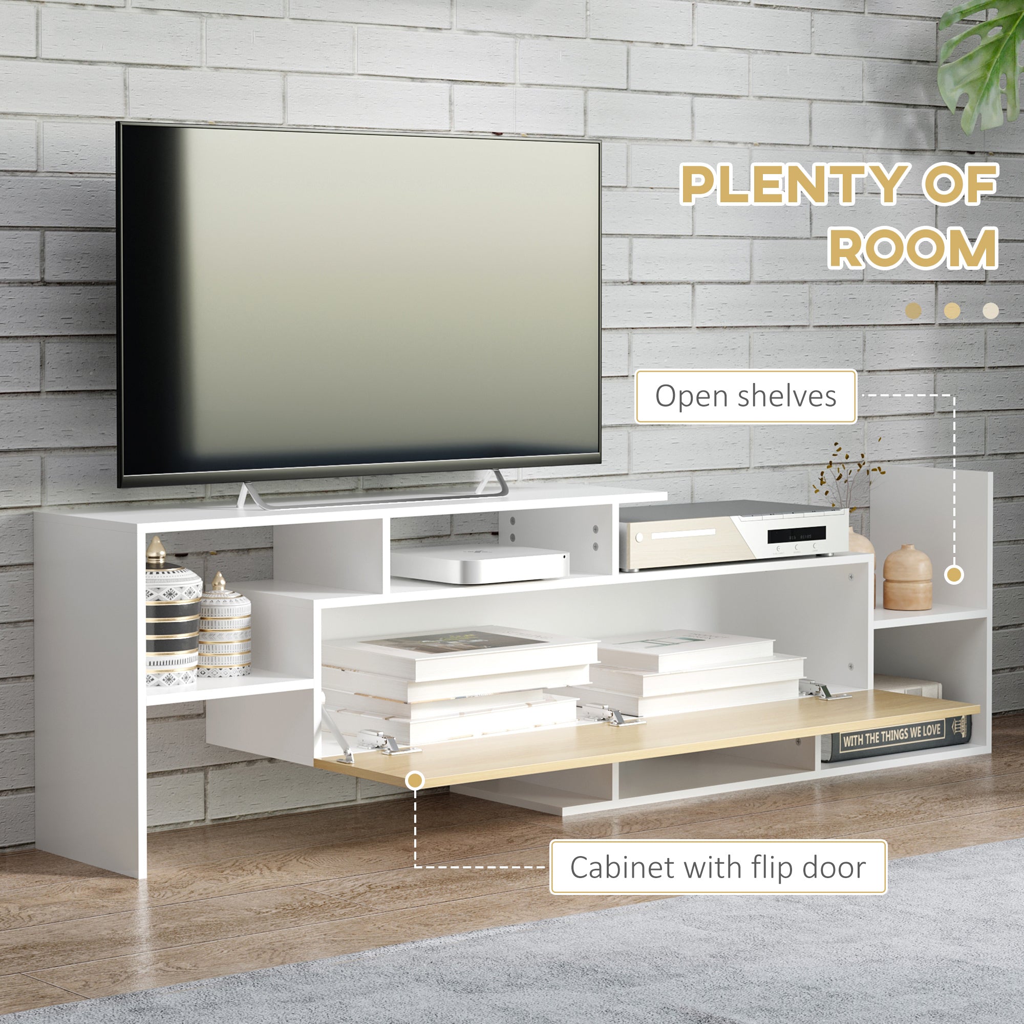 Kozy TV Cabinet with Wall Shelf for Wall-Mounted 65" TVs or Standing 40" TVs - White and Natural