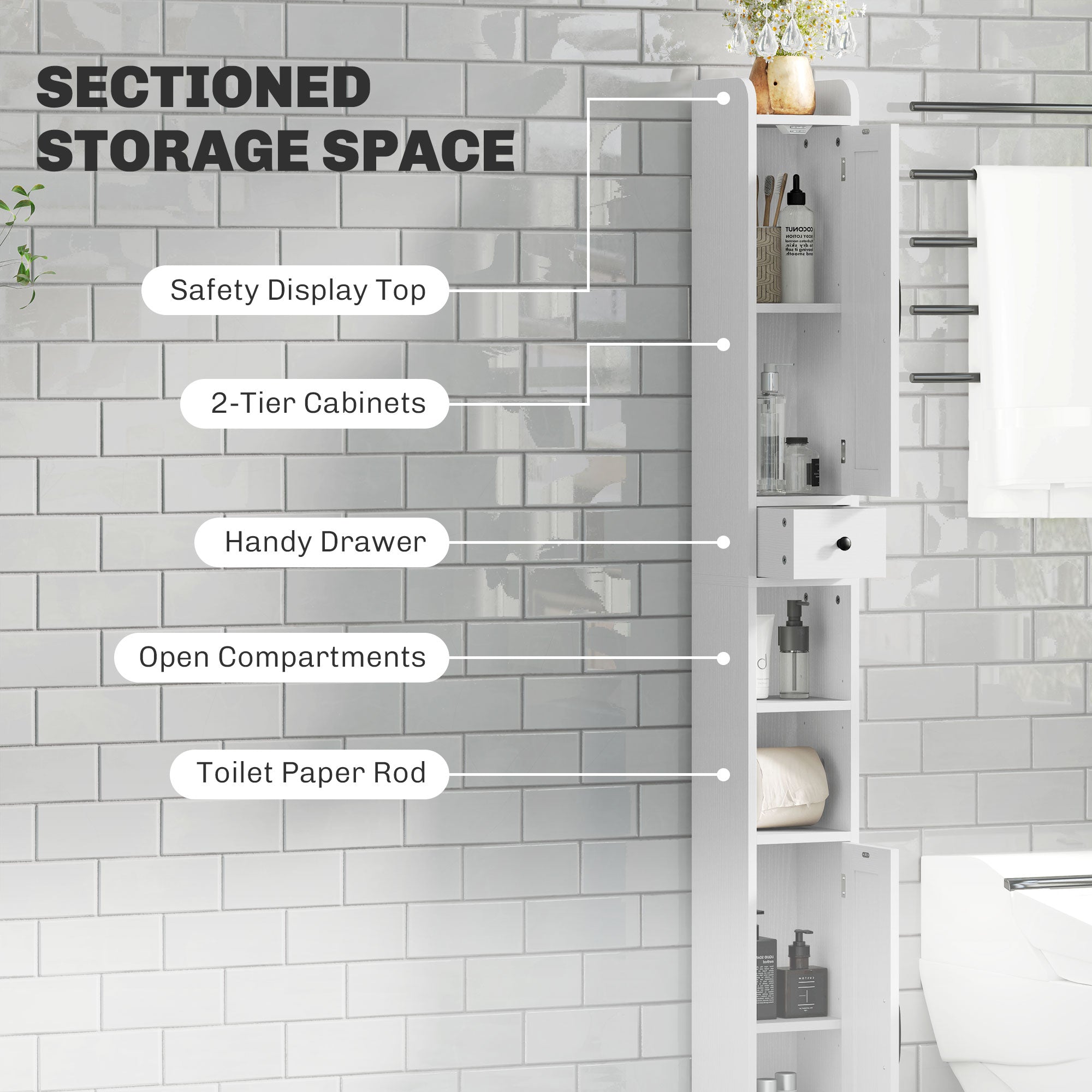 Kozy - Tall Bathroom Cabinet, Farmhouse Slim Bathroom Storage Cabinet with Barn Doors, Toilet Paper Roll Holder, Drawer and Adjustable Shelves, Narrow Bathroom Storage Unit, 20 x 20 x 185cm, White