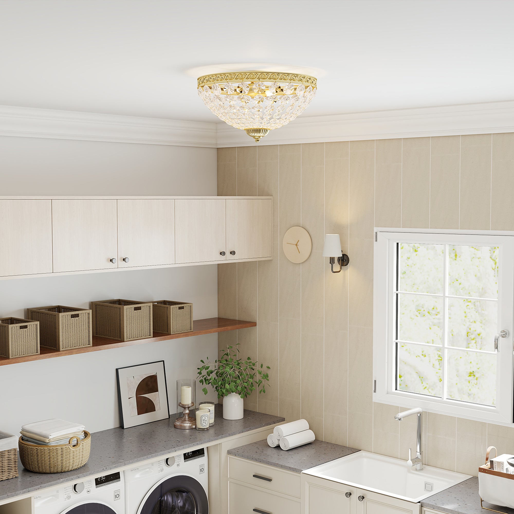 Kozy Crystal Chandelier Ceiling Light with 168 Octagonal Beads, Vintage 2-Light Flush Mount Ceiling Light for Living Room, Bedroom, Hallway, Dining Room, Gold Tone