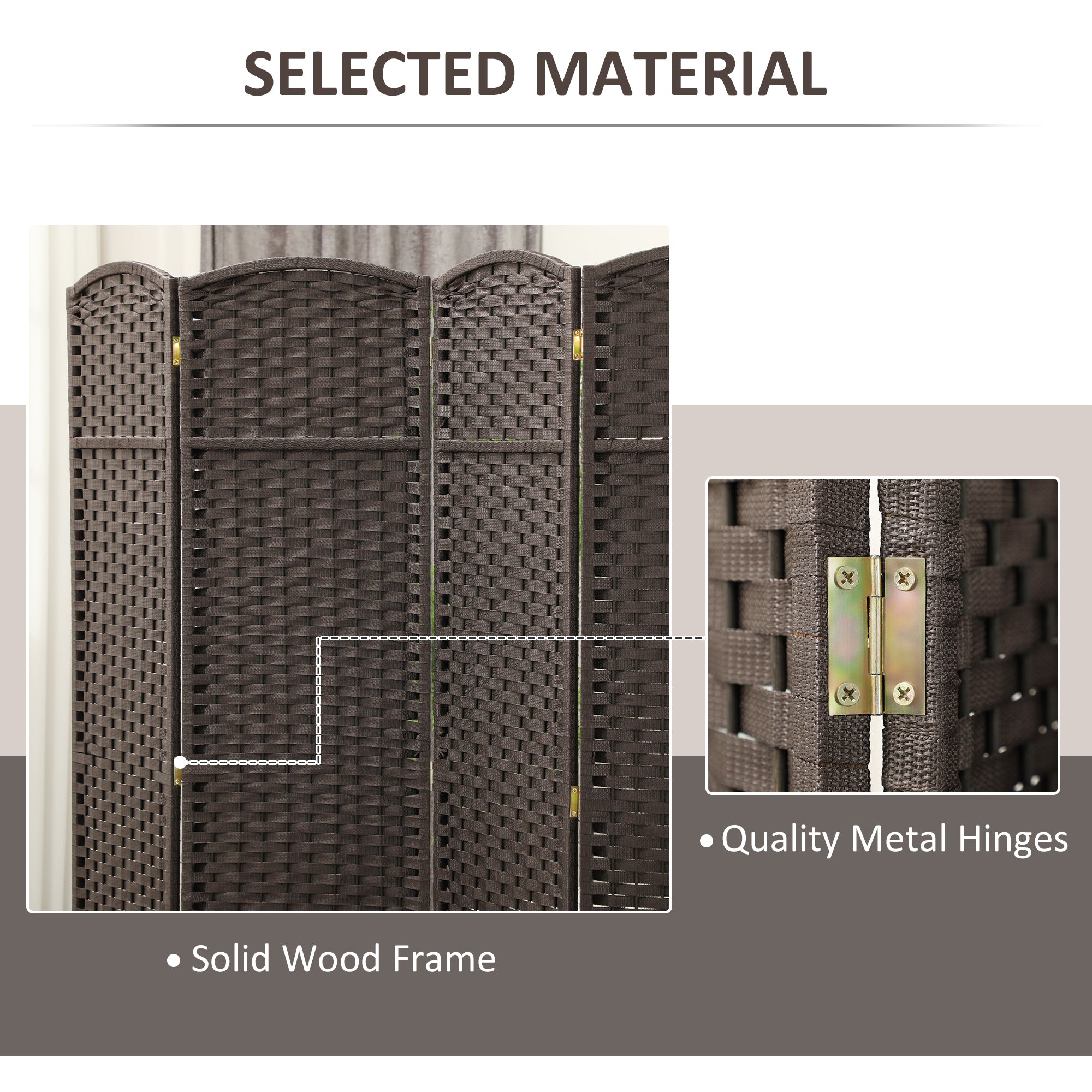 Kozy - 4 Panel Folding Room Divider, Freestanding Privacy Screen for Living Room, Bedroom and Office, 160 x 170cm, Brown