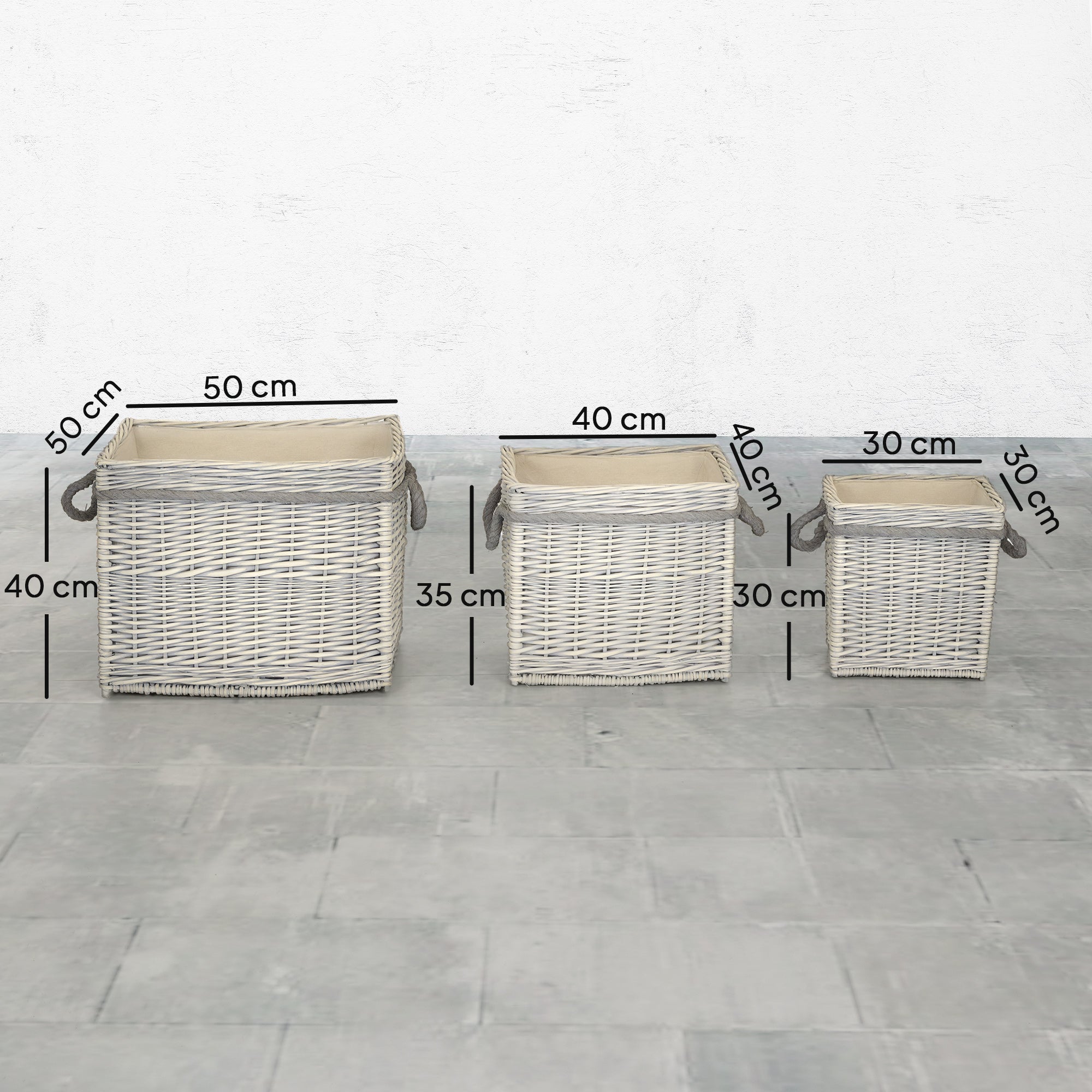 Kozy - Set of 3 Log Baskets for Wood Burner Indoor, Round Storage Basket with Lining and Rope Handles for Fireside Storage, Blankets, Beige