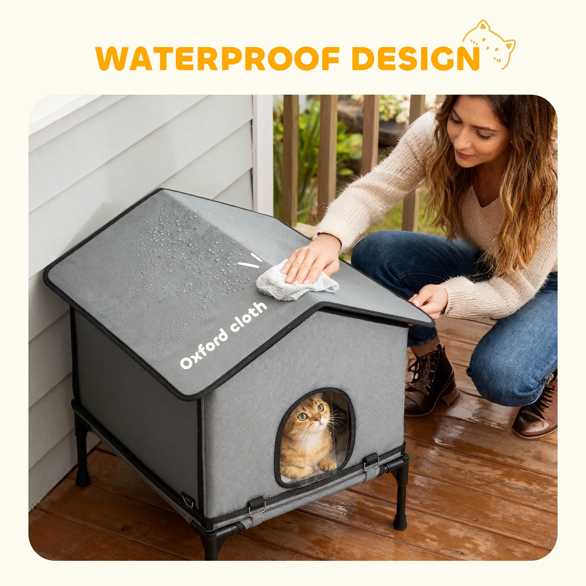 Kozy Outdoor Cat House, Waterproof Insulated Cat Kennel with Elevated Base, Foldable Feral Kitty Shelter for Kittens, Grey