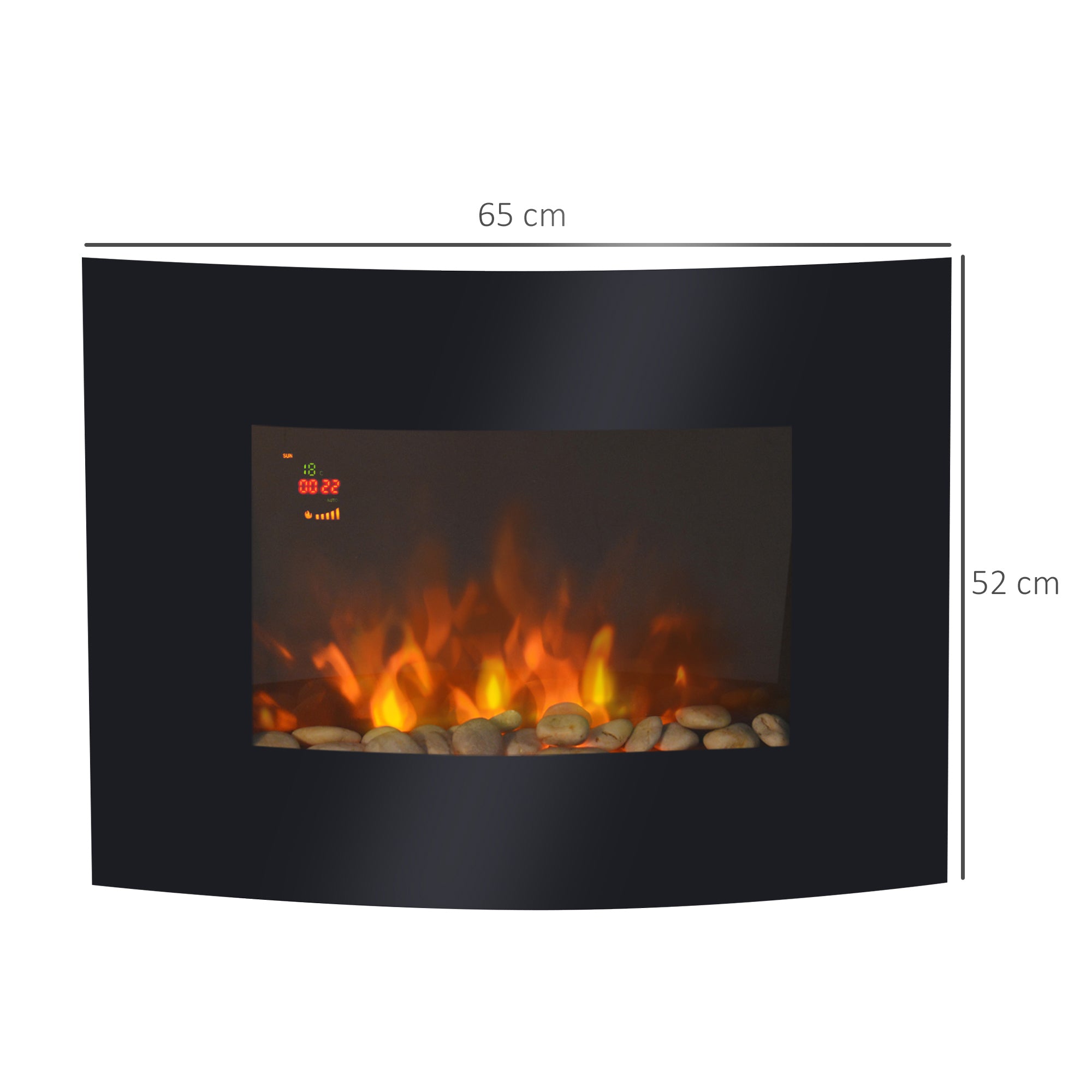 Kozy - Led Wall Mounted Fireplace Curved Glass Electric Fire Place Fire Place 7 Colour Side Lights Slimline, 900/1800W, 65cm x 52cm