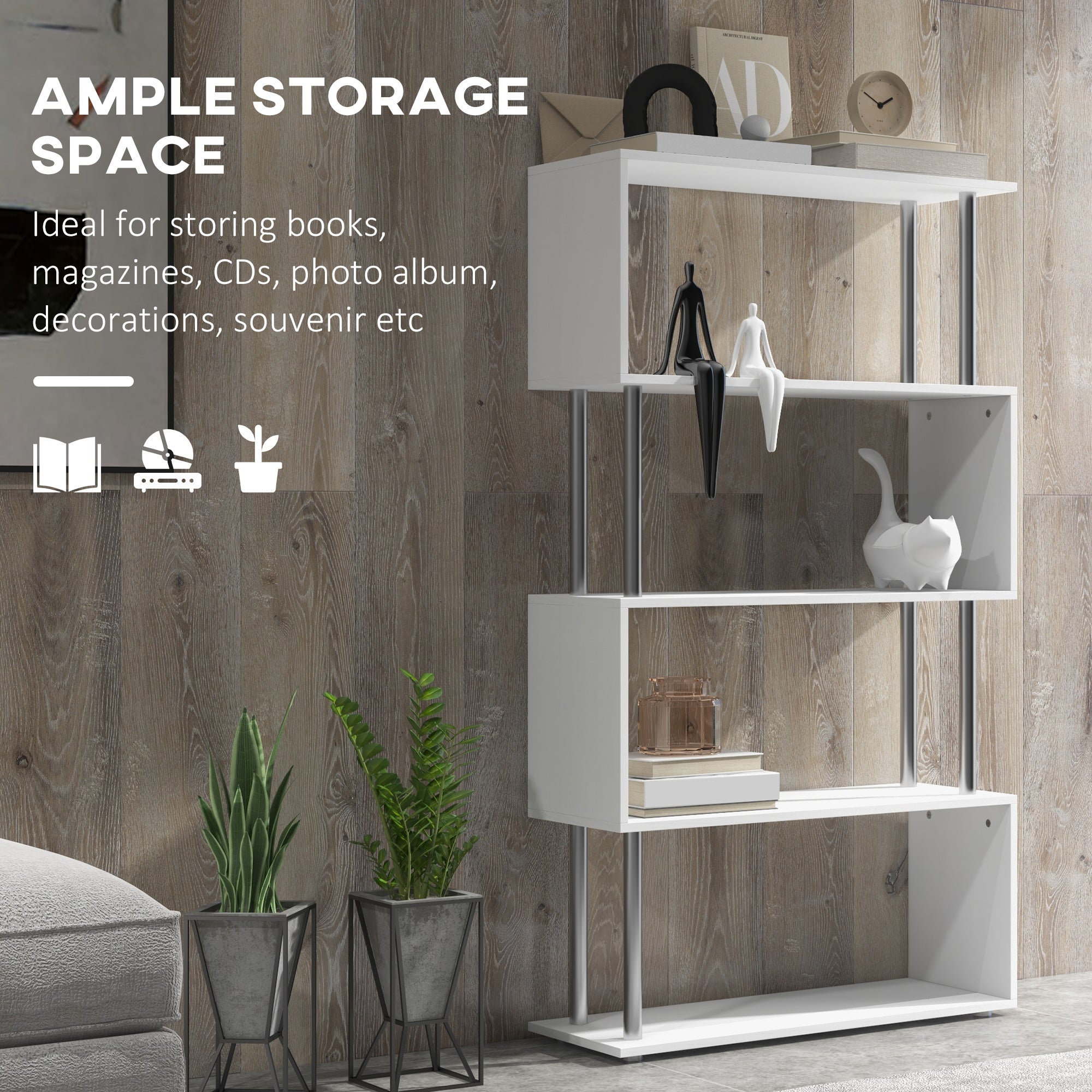 Kozy S Shape Bookcase, 5 Tiers Bookshelf, Modern Freestanding Storage Shelf for Home Office, Study, Living Room, 80 x 30 x 145cm, White