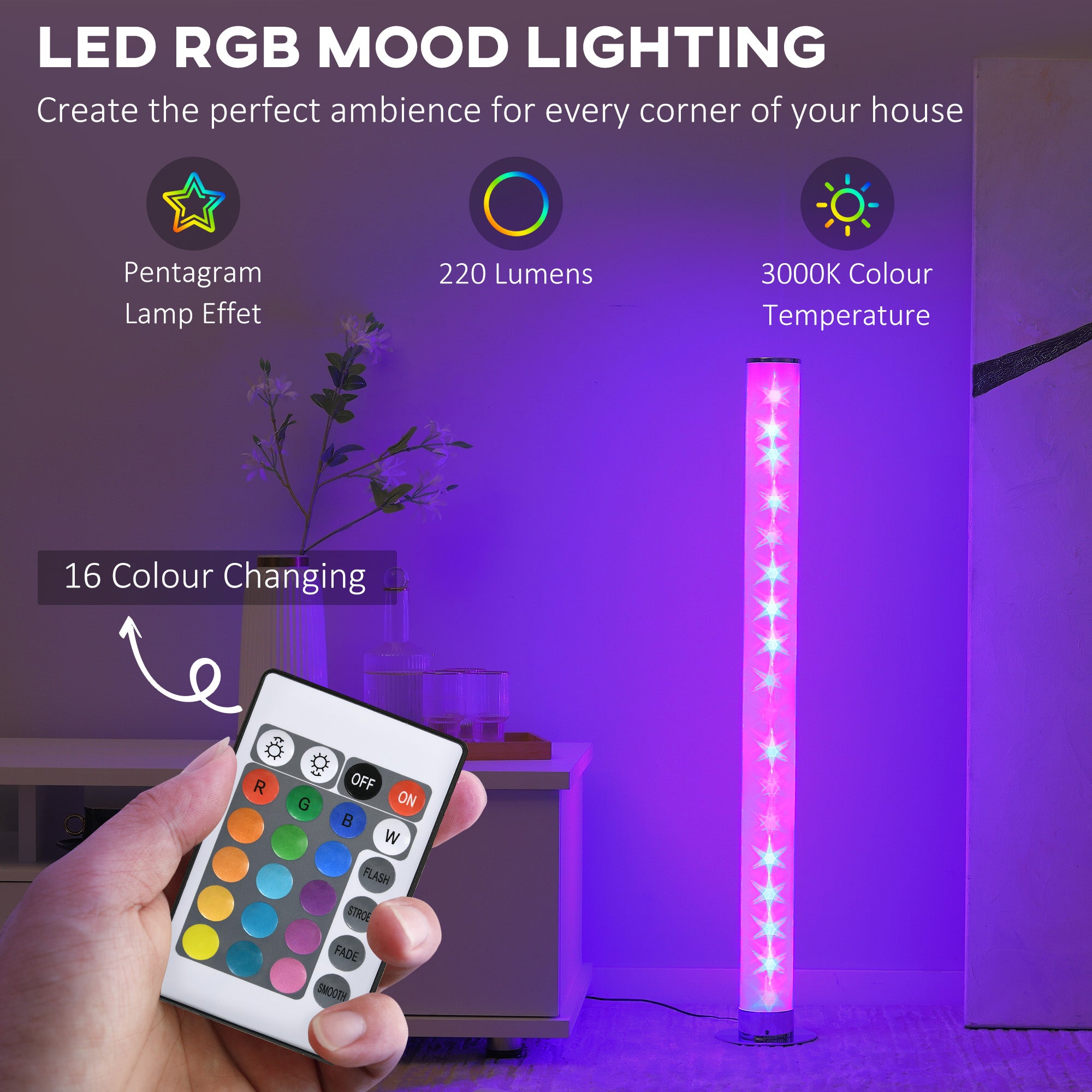 Kozy RGB Floor Lamp, Dimmable Corner Lamp with Remote Control & 16 Colours Effects, LED Modern Mood Lighting for Living Room Bedroom Gaming Room, Max Power 5W