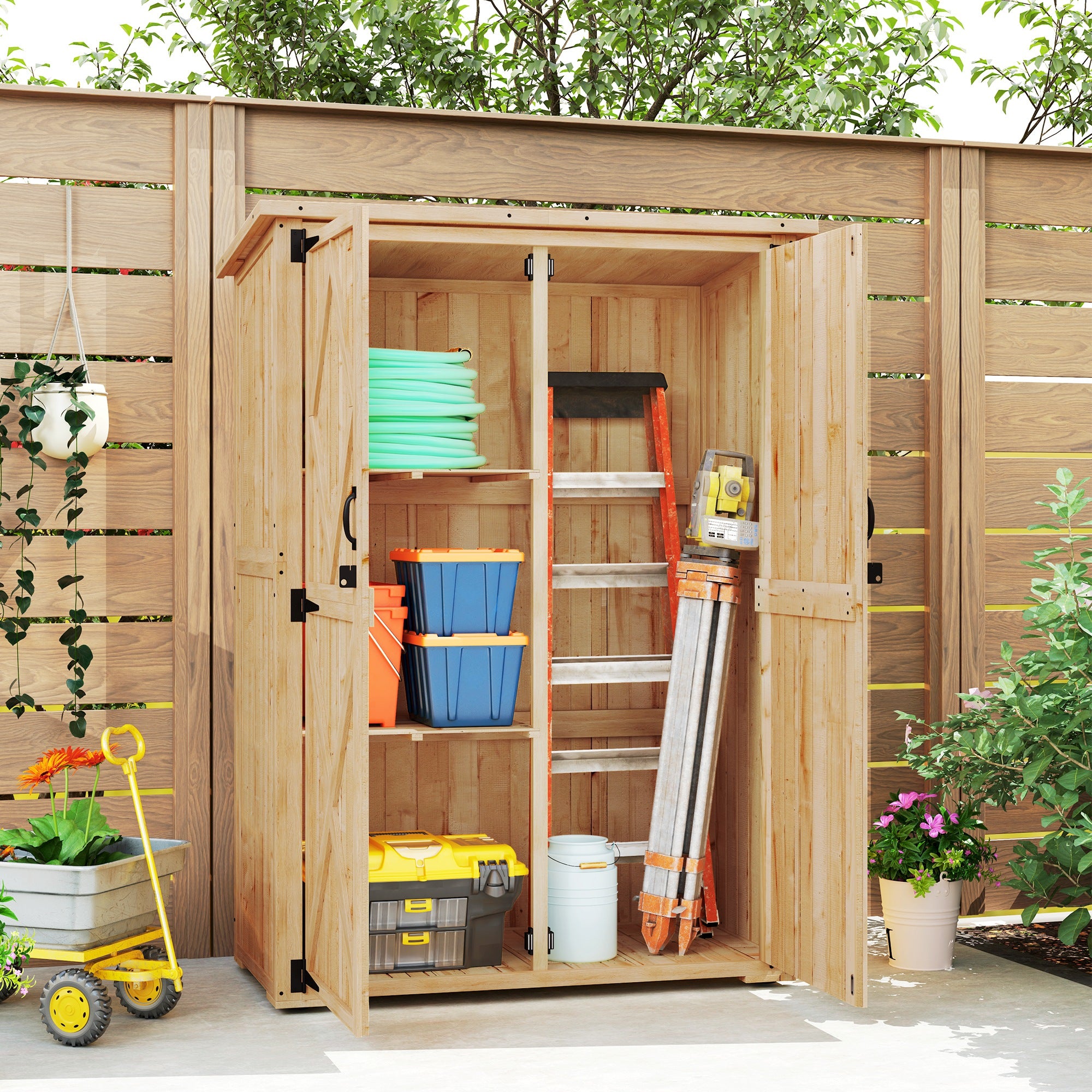 Kozy - Wooden Garden Storage Shed, Tool Storage Cabinet with Asphalt Roof and 2 Shelves for Garden Tools, Equipment, Outdoor Tool Shed with Double Doors, Natural
