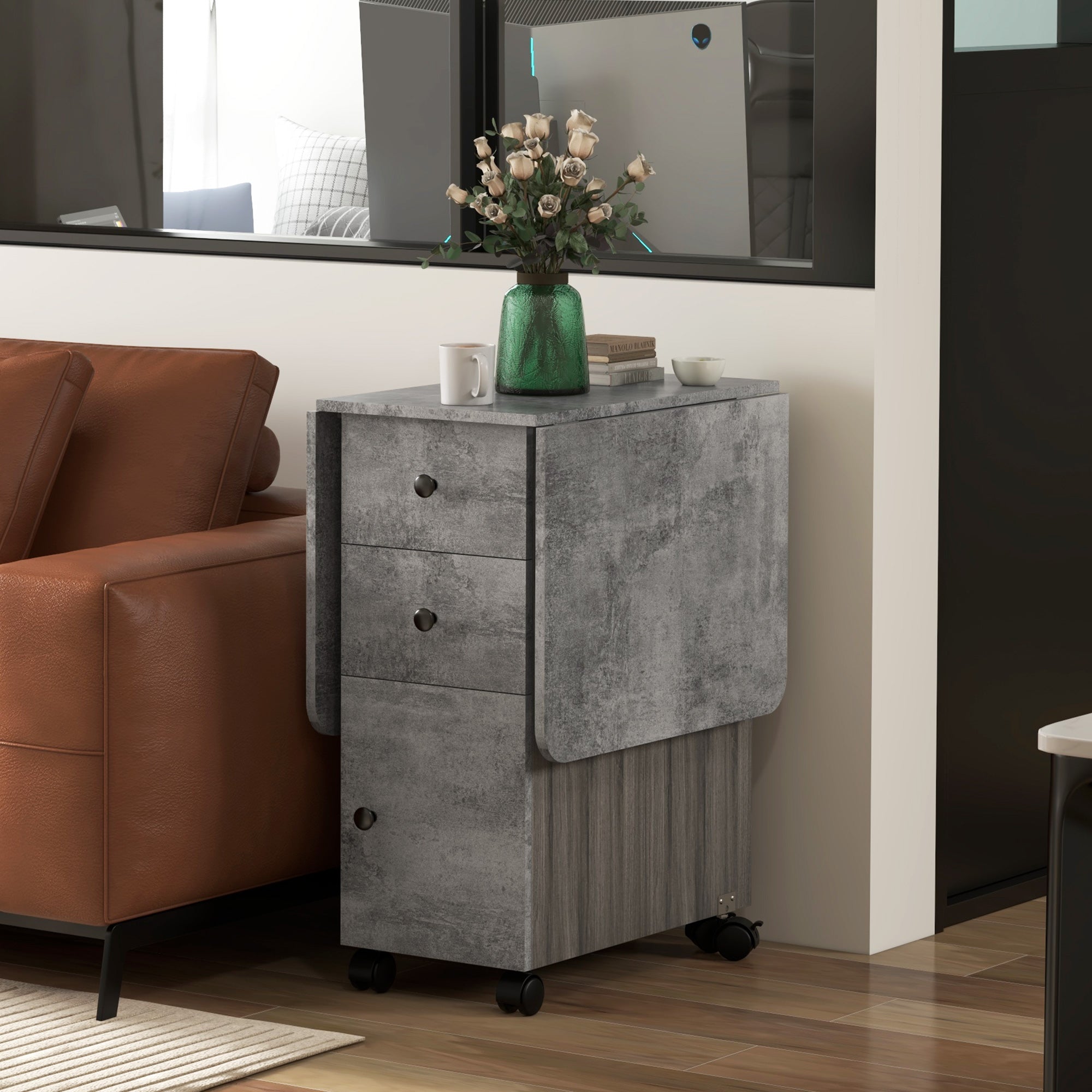 Kozy Multi-Storage Six-Person Drop Leaf Dining Table - Mixed Grey