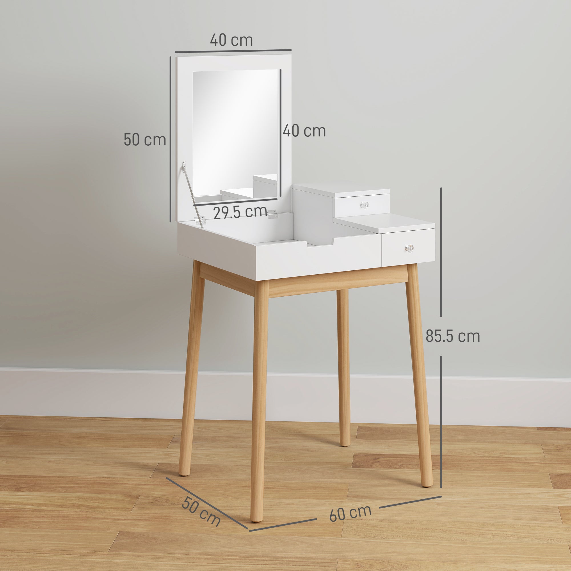 Kozy Dressing Table with Flip-up Mirror, Makeup Desk with 2 Drawers and Pine Wood Legs, Vanity Table Writing Desk for Bedroom Living Room, White